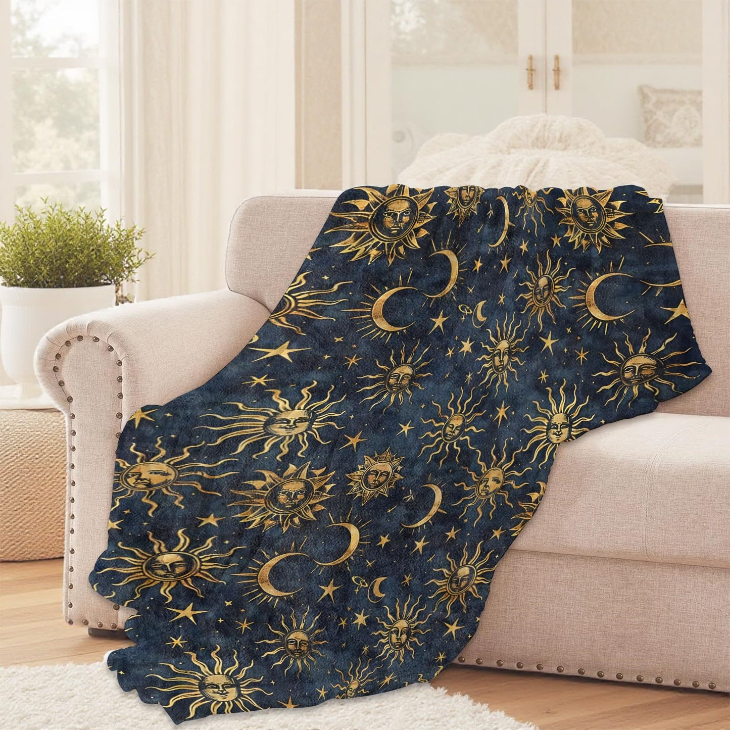 Sun Moon Star Galaxy Throw Blanket for Girls Boys Kids Adults, 50x60 in, Cozy Flannel Blanket for Bedroom, Camping, Couch, Room Decor, Fuzzy Warm Soft Gifts