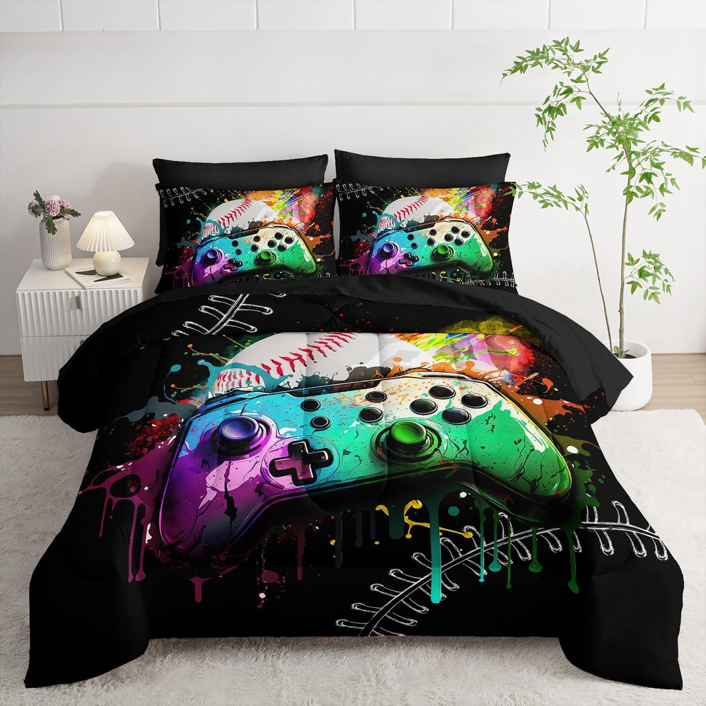Smell Sunshine 7Pcs Comforter Set Gamepad Baseball Printed Bedding Set with 1 Comforter, 1 Flat Sheet, 1 Fitted Sheet and 4 Pillowcases for Boys and Girls Bedroom (Gamepad-3 Twin