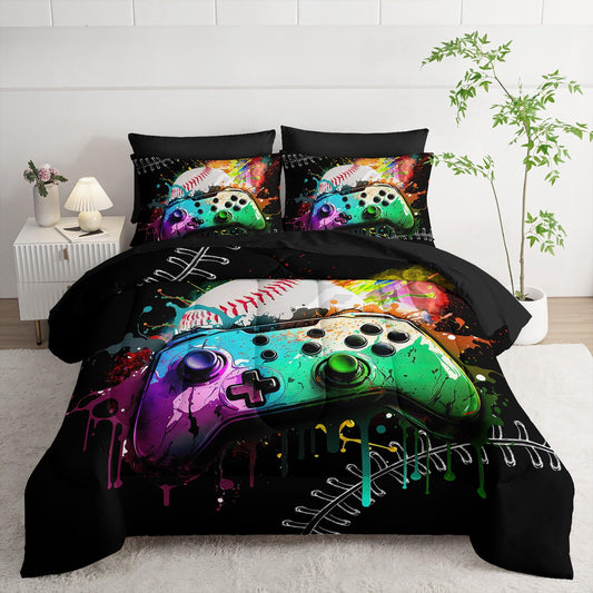 Smell Sunshine 7Pcs Comforter Set Gamepad Baseball Printed Bedding Set with 1 Comforter, 1 Flat Sheet, 1 Fitted Sheet and 4 Pillowcases for Boys and Girls Bedroom (Gamepad-3 Twin