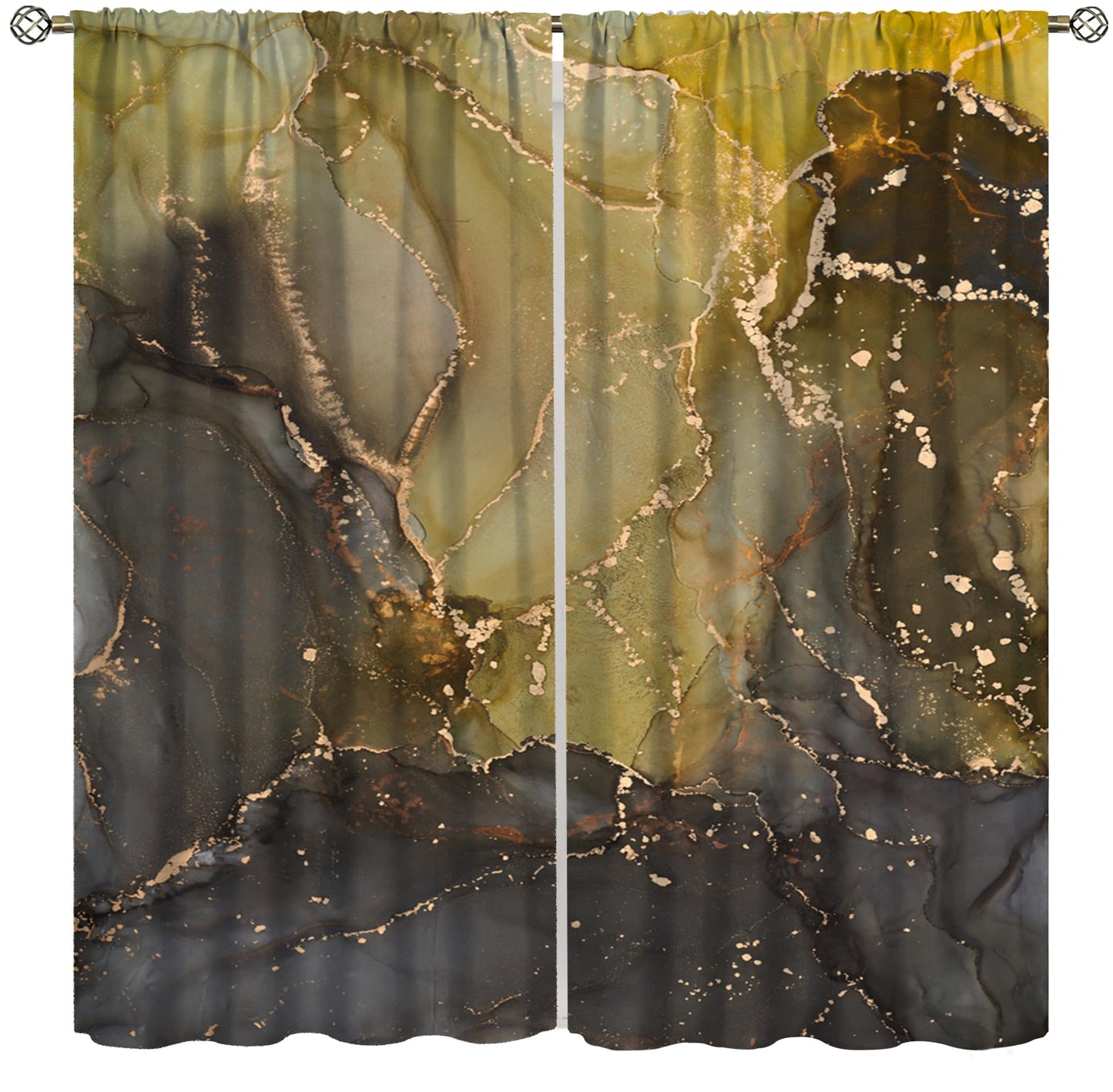 Ink Marble Kitchen Curtains Aesthetics Abstract Golden Foil Inked Textured Moss Green and Charcoal Grey Modern Rod Pocket Window Treatments for Bedroom Living Room 2 Panels Set 41" x 45"（No Blackout）