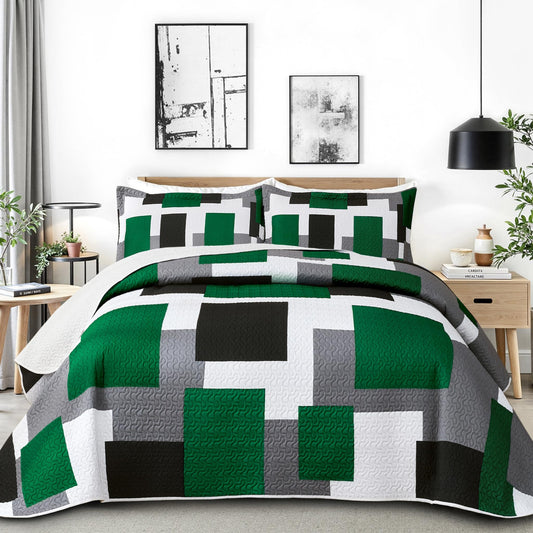 Tyrot 3 Piece Green Quilt Set Full/Queen Size Green Black White Geometric Reversible Bedding Set Microfiber Lightweight Bedspread Coverlet with 2 Shams Modern Bed Cover for All Season, 90''x96''
