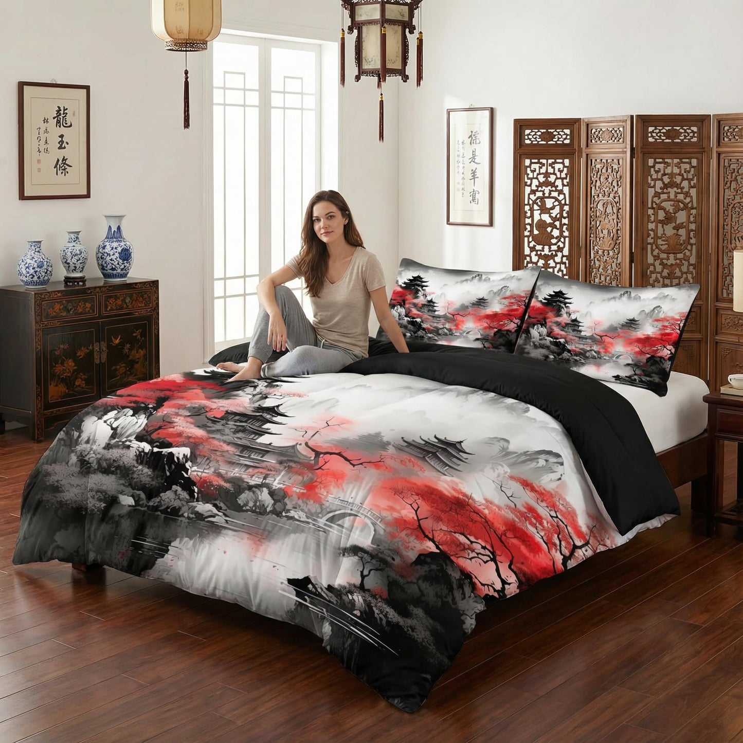 CCoutueChen Asian Chinese Comforter Set Queen Size Japanese Traditional Bedding Set with Watercolor Landscape Painting, 3 Pcs All Season Soft Microfiber Bed Set Black Red