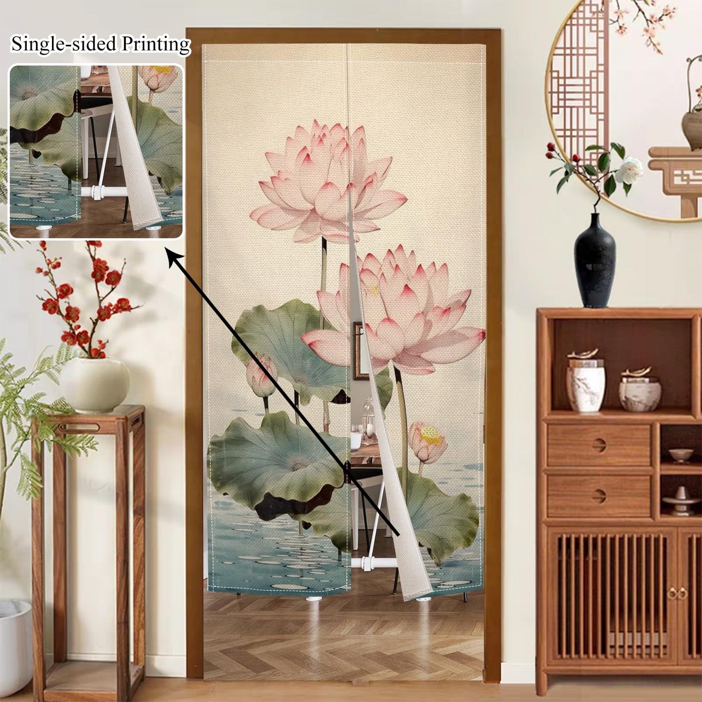 Leowefowa Long Style Noren Japanese Doorway Curtain Traditional Lotus Printed Window Treatment Fengshui Door Curatin Tapestry for Wall Hanging Room Divider Kitchen Home Decor Gift, 33.5"x 70.9"