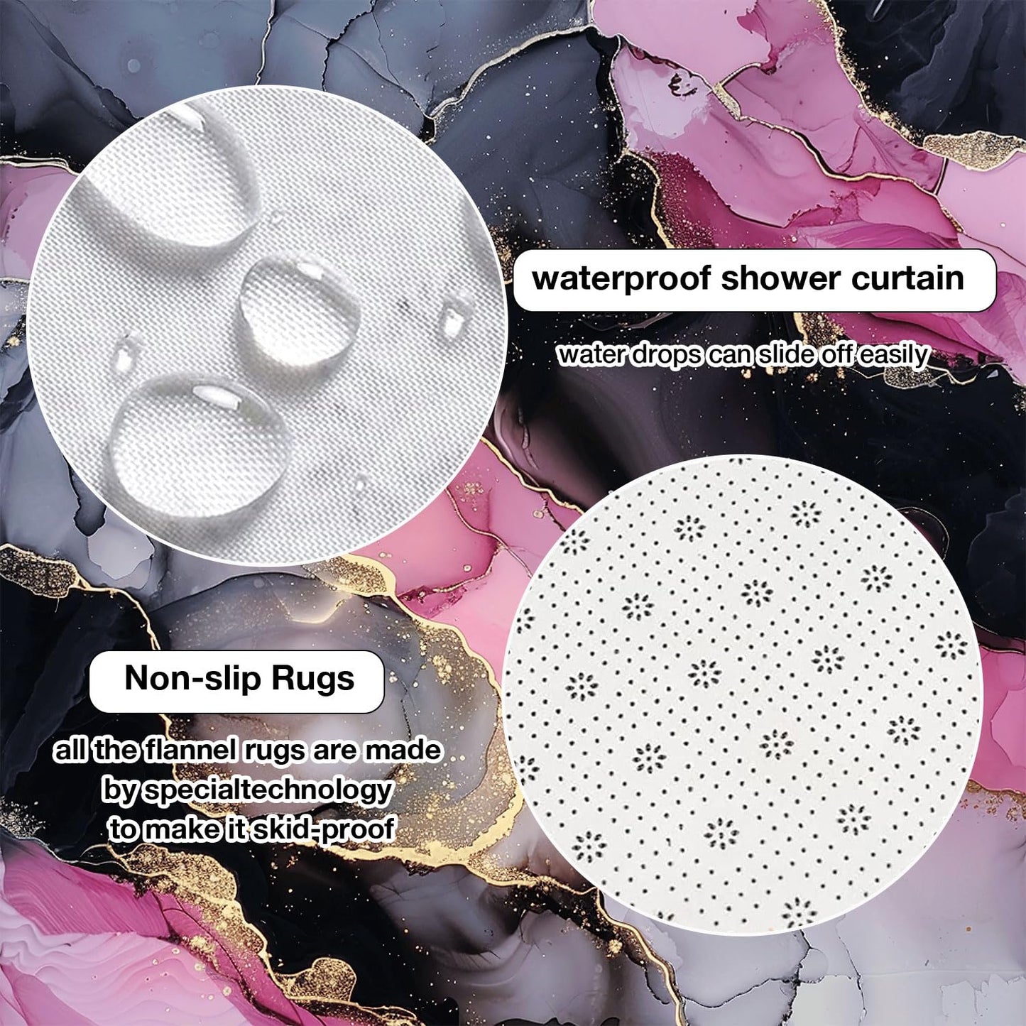 Pink and Black Shower Curtain Sets for Bathroom Decor Abstract Pink Gold Shower Curtain and Rugs 4 Pcs, Waterproof Modern Marble Texture Bath Mat Carpet Guest Toilet Restroom Bathroom Accessories