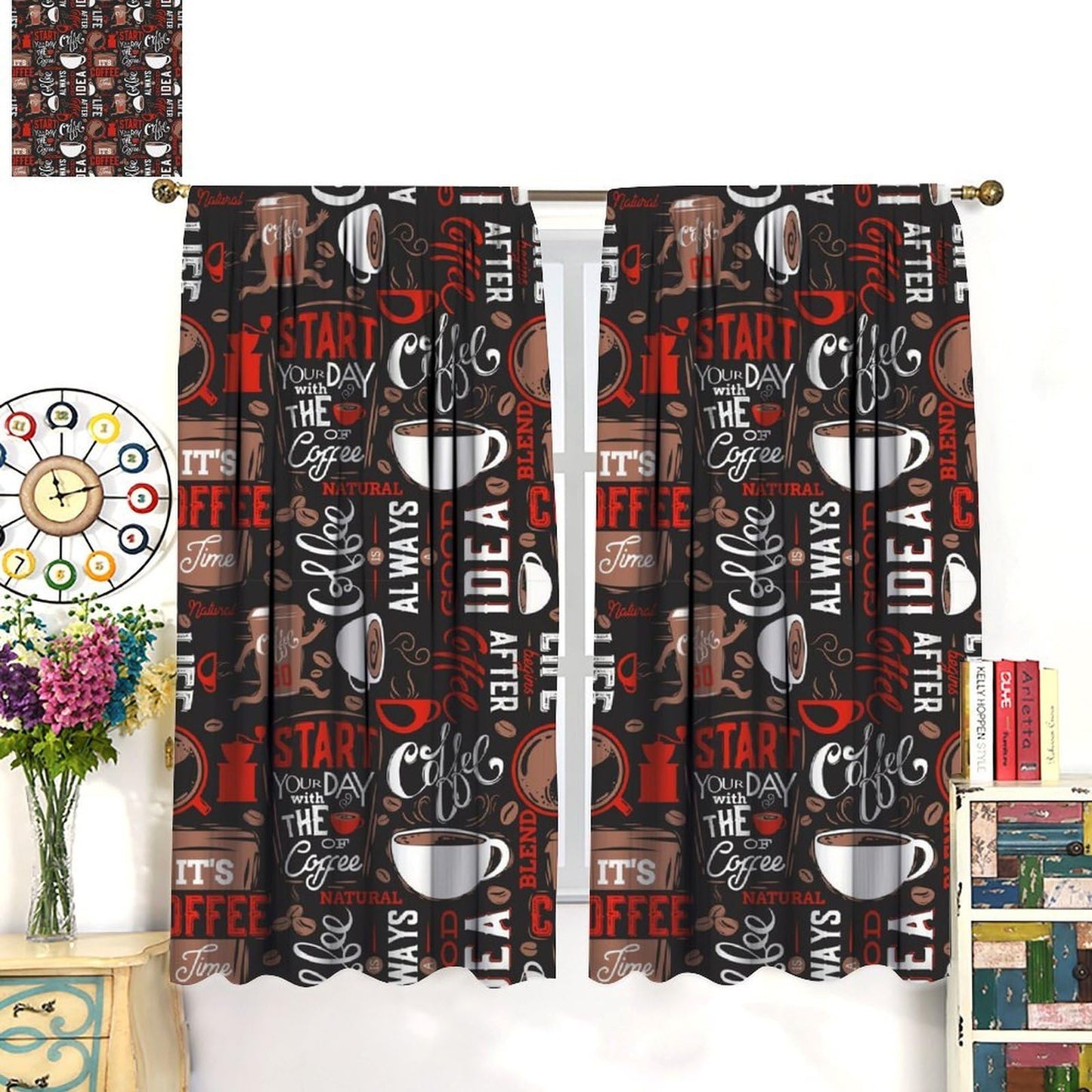HZOHNAGO Coffee Kitchen Curtains Coffee Red Hot Mocha Latte Milk Pattern Blackout Print Rod Pocket Window Drapes for Bedroom Living Room Kitchen 42x45in