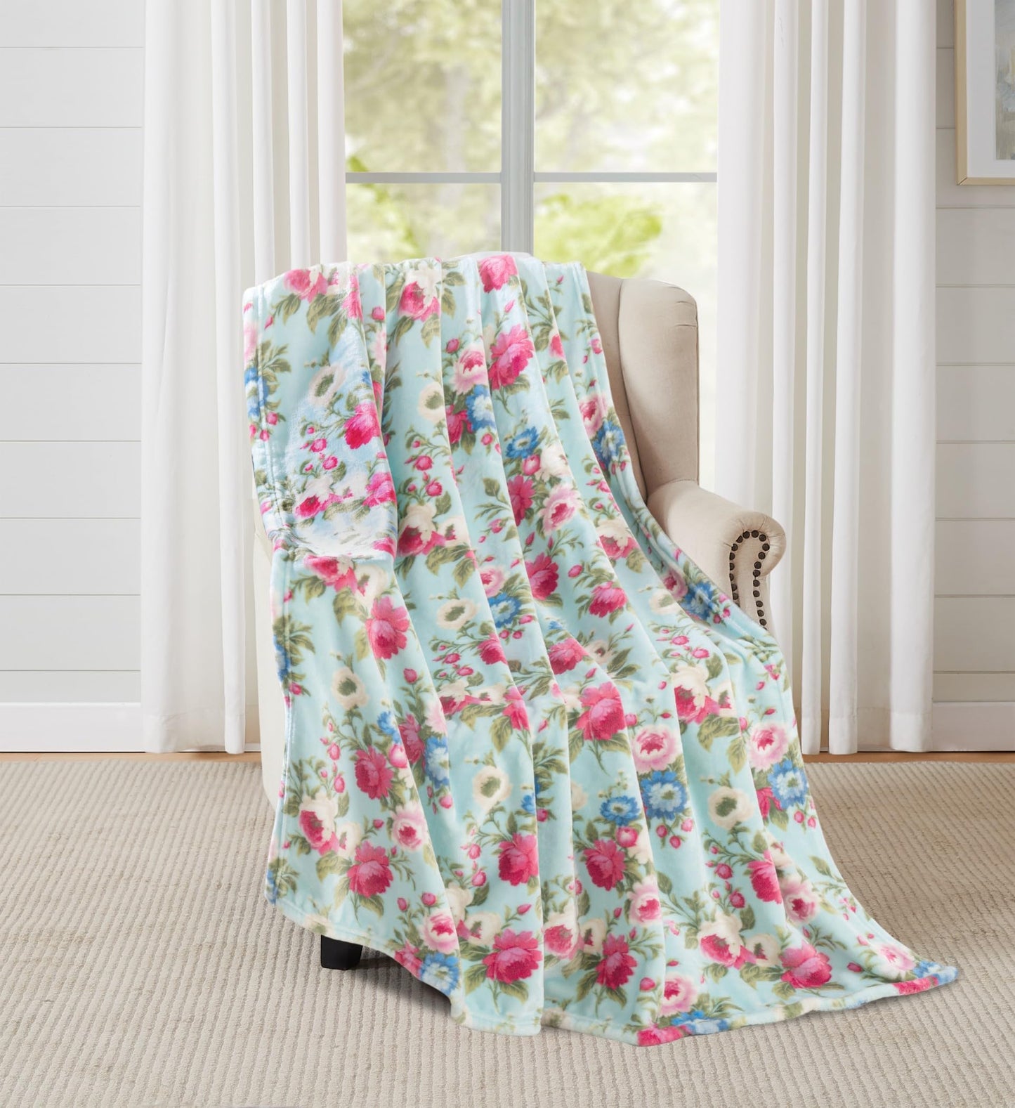 Serafina Home Spring Velvet Fleece Floral Throw Blanket: Rose Garden of Pink Blue Green Flowers on a Colorful Soft Cozy Aqua Design, Oversized 50" x 70"