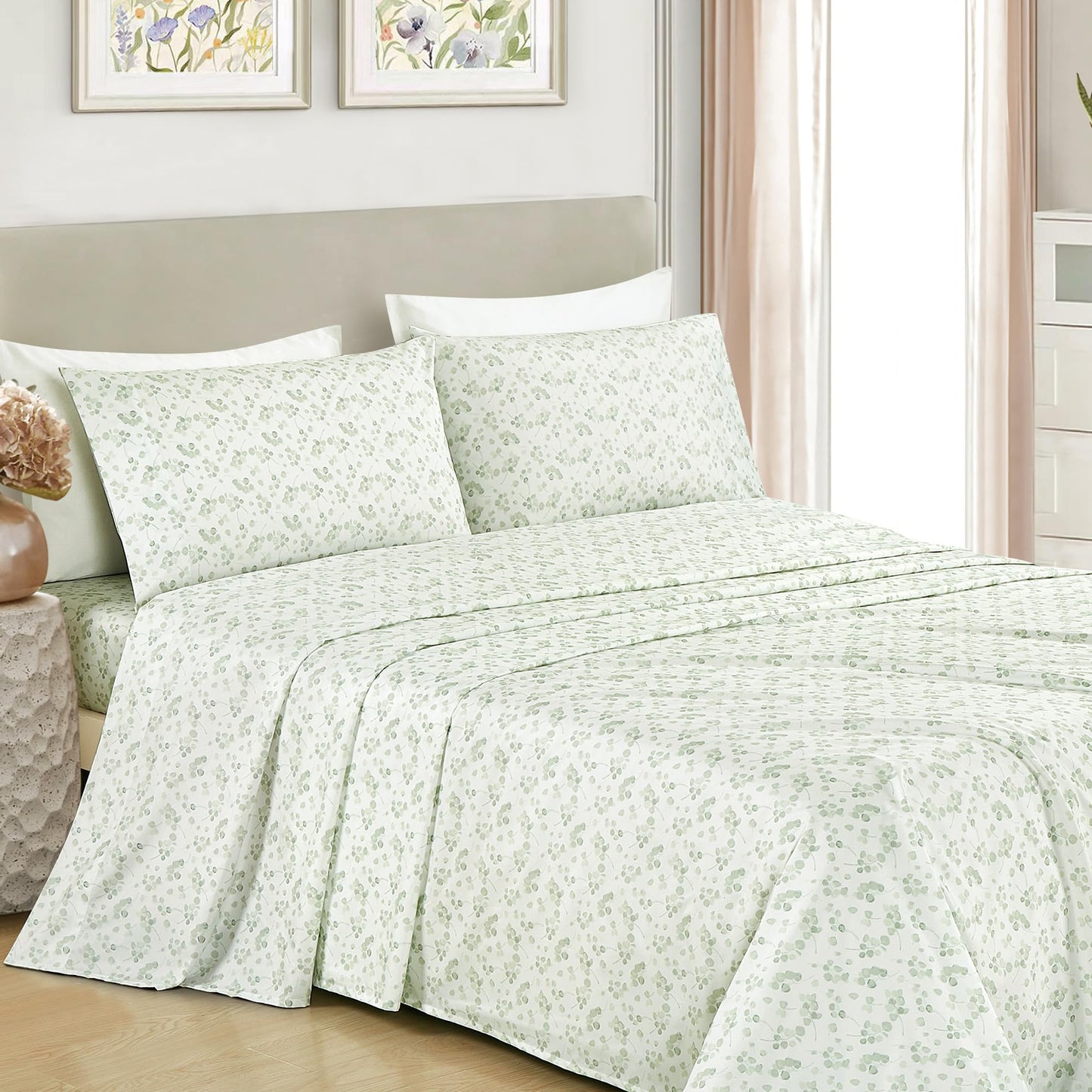Chezmoi Collection Arbor 4-Piece Floral Bed Sheet Set - Soft Green White Printed Microfiber 14-Inches Deep Pocket Sheets & Pillowcases Set, California King