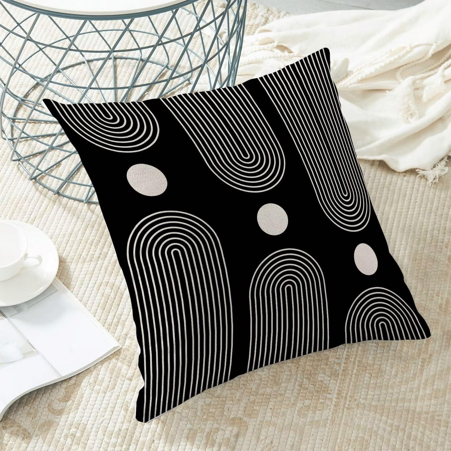 Jecuwo Boho Mid Century Pillow Covers 18x18 Set of 2, Abstract Simple Black and White Decorative Throw Pillowcase Boho Modern Outdoor Decor Farmhouse Cushion Cover for Sofa Couch Bed Living Room