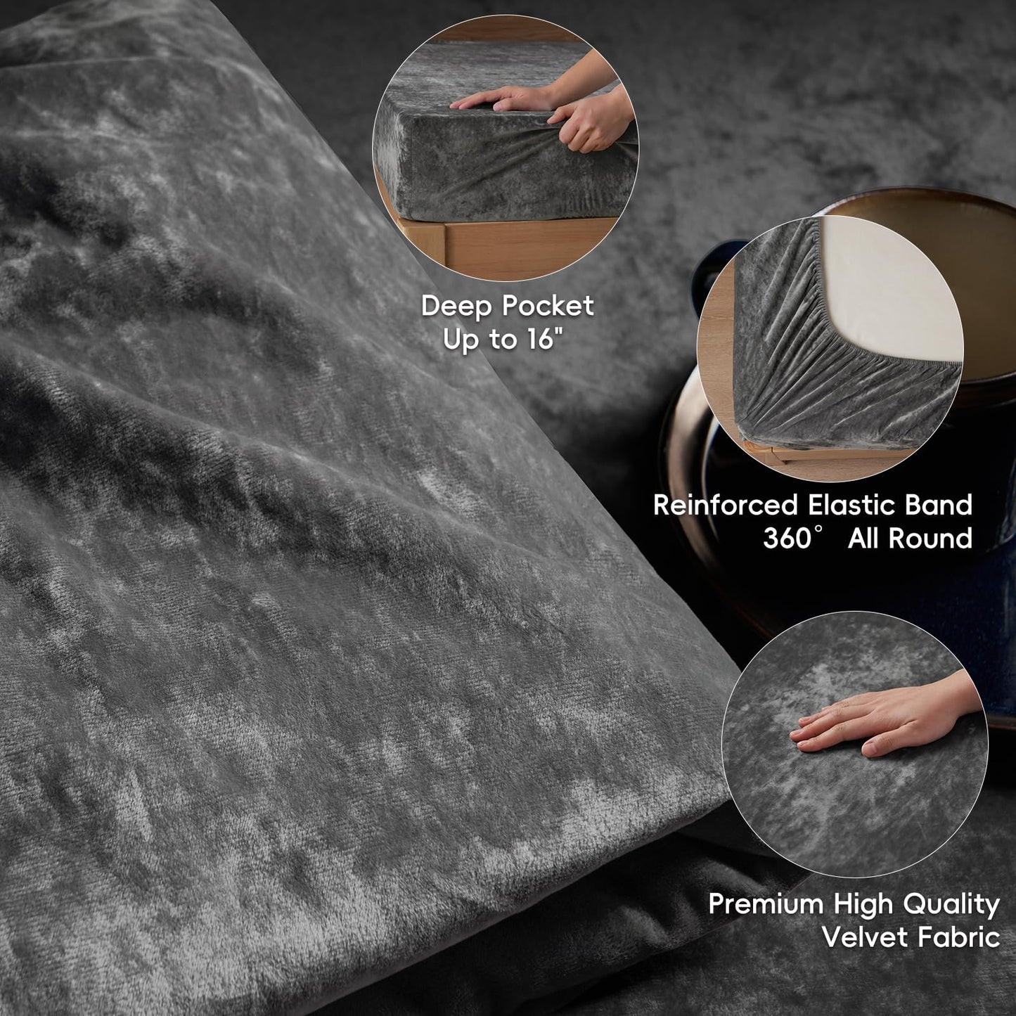 PHF Truly Velvet Fitted Sheet Only Queen Size, Luxury Super Soft Cozy Fuzzy Fleece Bottom Sheet with Deep Pocket Up to 16",Suitable for Fall Winter Spring, No Pillowcases, Charcoal/Dark Grey