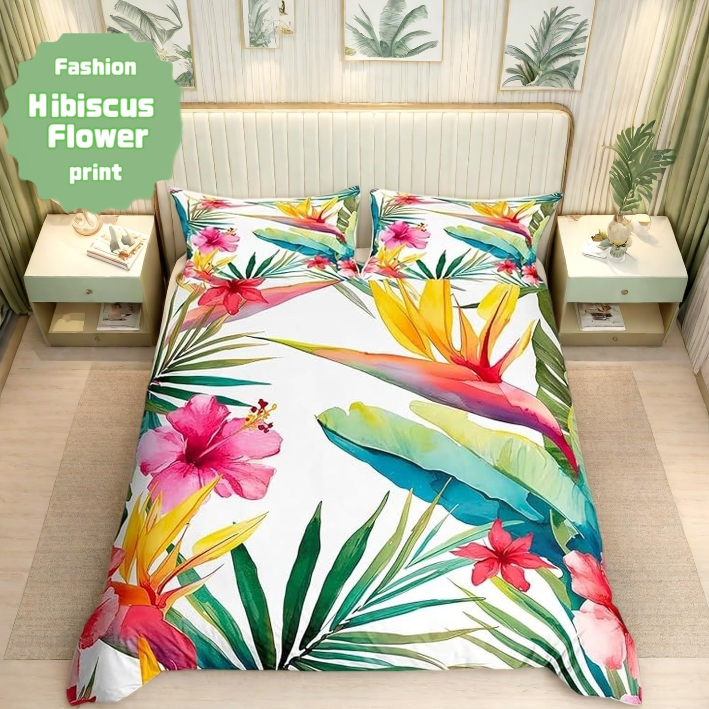 Tropical Tree Plant Duvet Cover Set King Size with Zipper Closure, Watercolor Red Hibiscus Flower Pattern Printed Comforter Cover,Palm Leaves Bedding Sets with 2 Pillow Cases,Soft,Green Pink