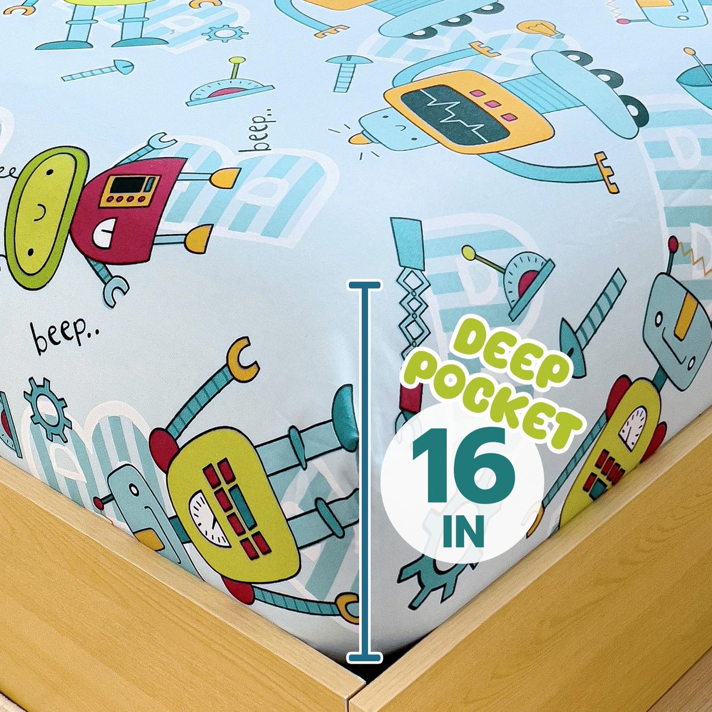 Homilay Full Sheet Set Kids - Old-Fashioned Robot 4 Pieces Soft Microfiber Cartoon Style Bedsheets for Boys Girls Teens, Oeko TEX Breathable 15 Inch Deep Pocket Sheets(Robot)