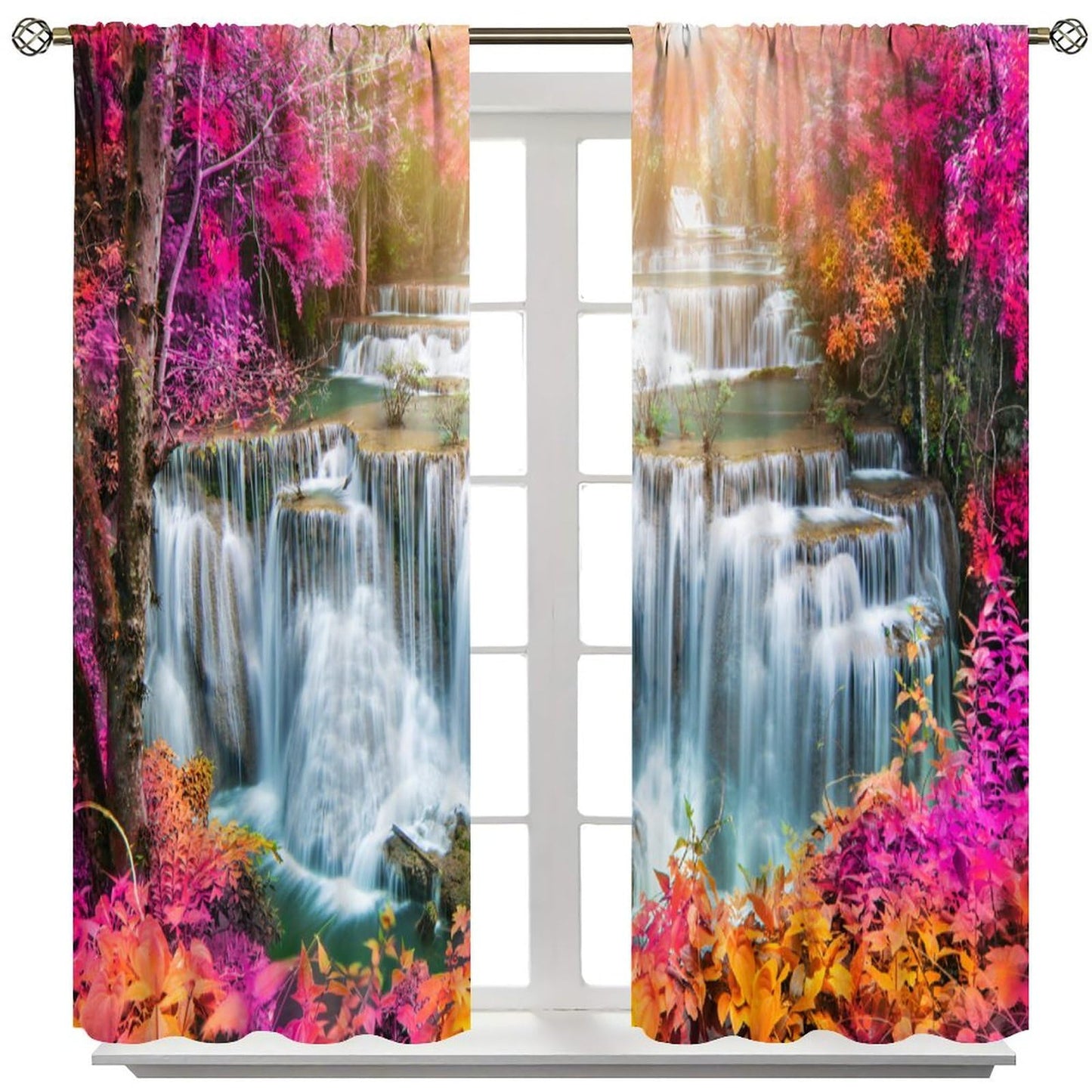 Focusbrite Waterfall Curtains，Spring Nature Theme Pink Floral Forest Landscape Scenery Pattern Waterproof Fabric Rod Pocket Window Drapes for Bedroom Living Room Cafe Set 2 Panels,42x45 Inches