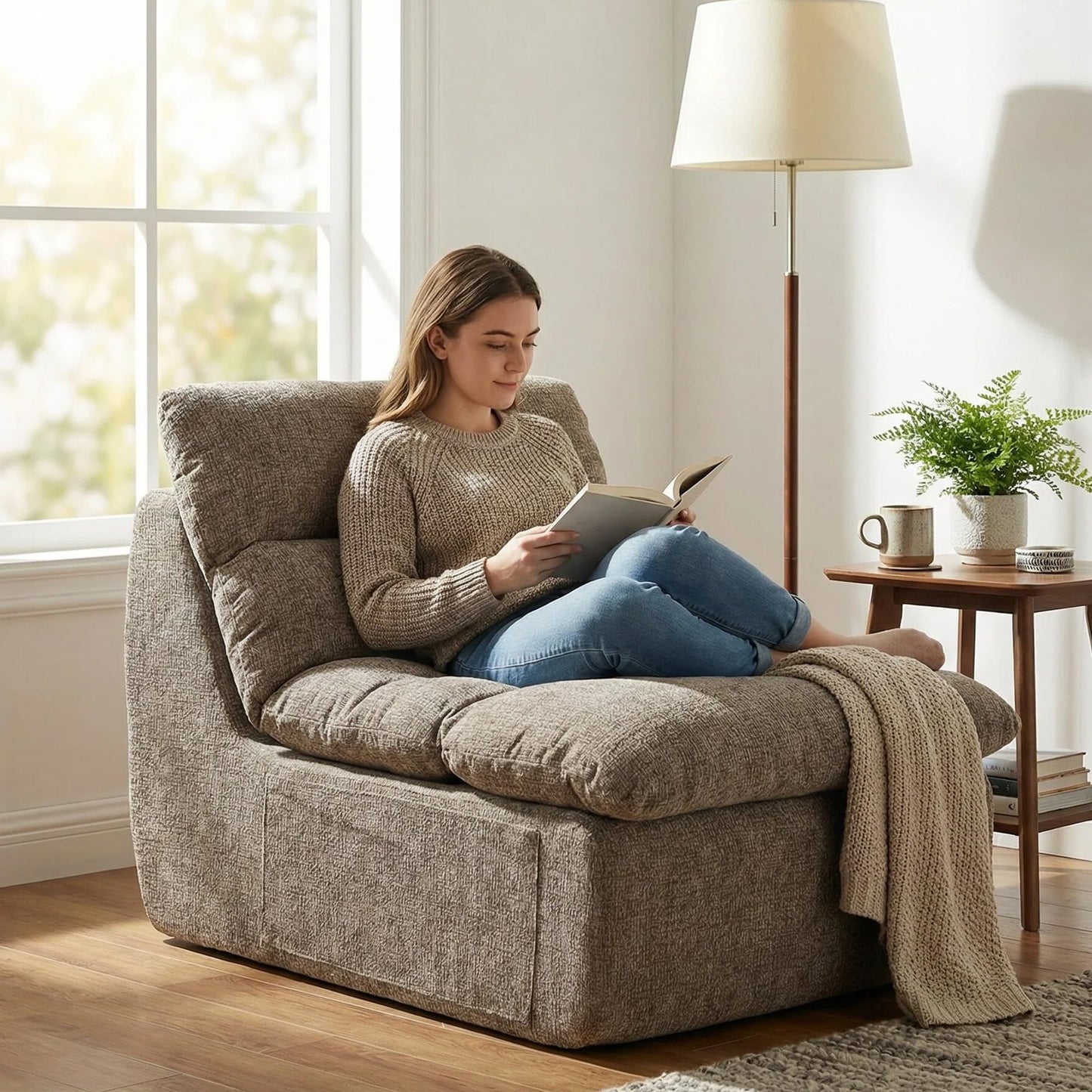 Furnimart High Density Foam Bean Bag Chair for Adults, XXL Boneless Floor Lounger with Ergonomic Back Support, No Sag Compression Foam, No Assembly, Washable Chenille Cover (Taupe)