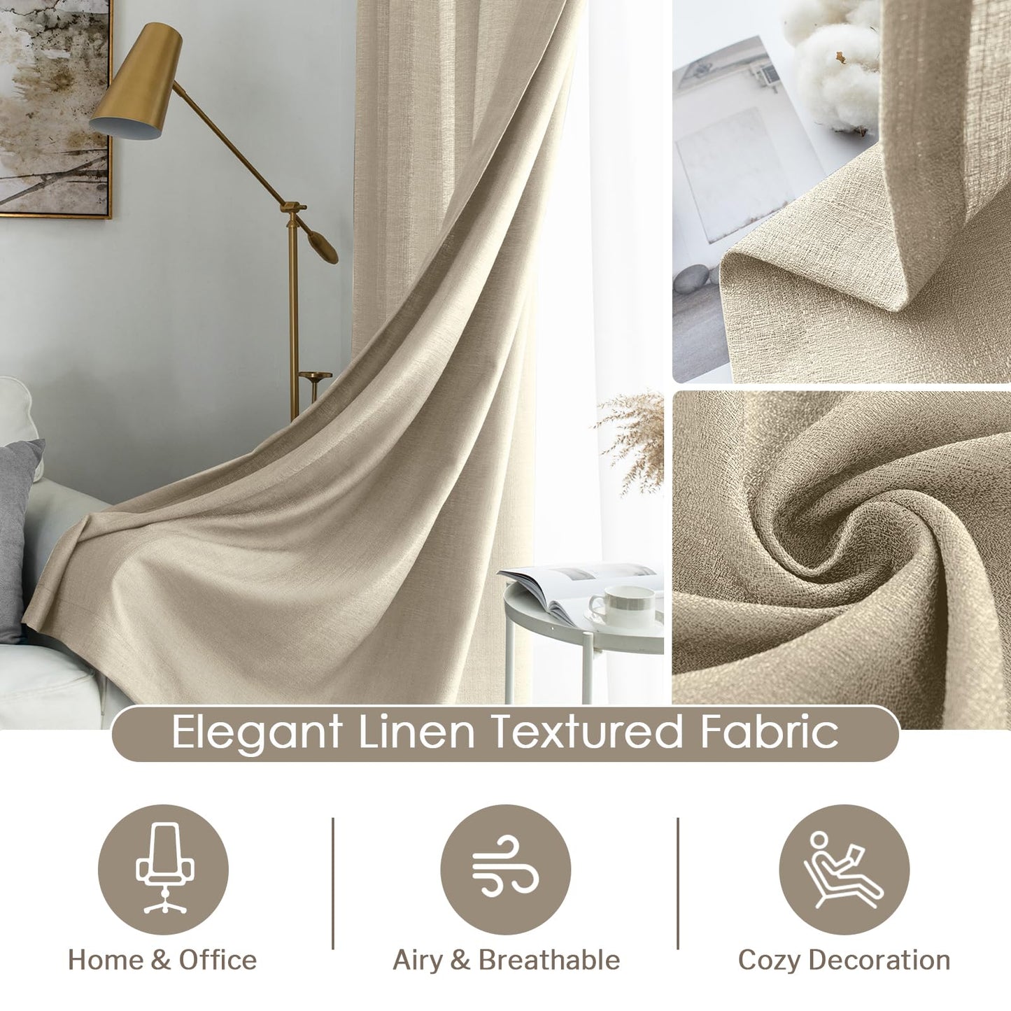 Melodieux Tan Semi Sheer Curtains 63 Inch Length for Living Room, Linen Rustic Bedroom Privacy Window Grommet Sheer Drapes, 52 by 63 Inch, 2 Panels