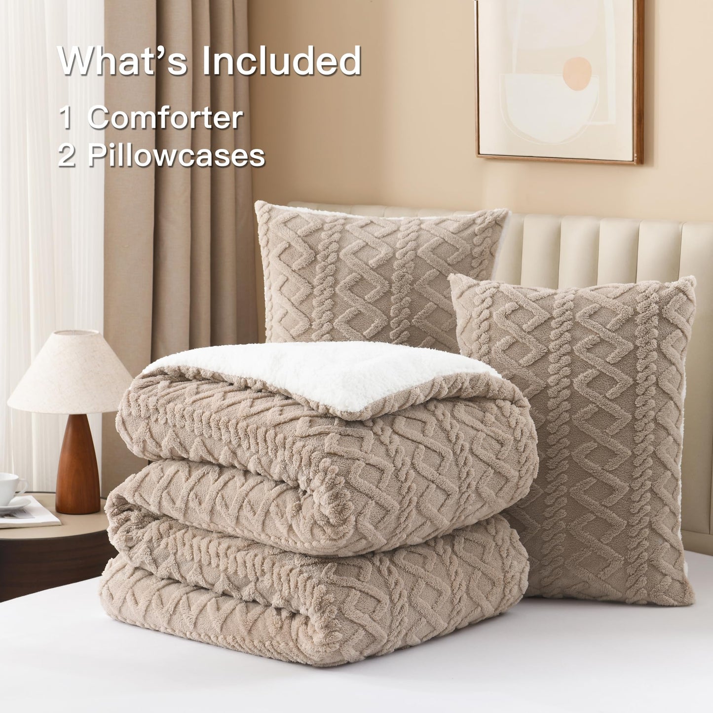 Andency Fluffy Sherpa Queen Comforter Set, Super Soft Khaki Fleece Warm Bedding for Winter, Luxury Jacquard Boho Thick Fuzzy Plush Bed Set 3 Pieces(1 Shaggy Comforter, 2 Pillowcases)