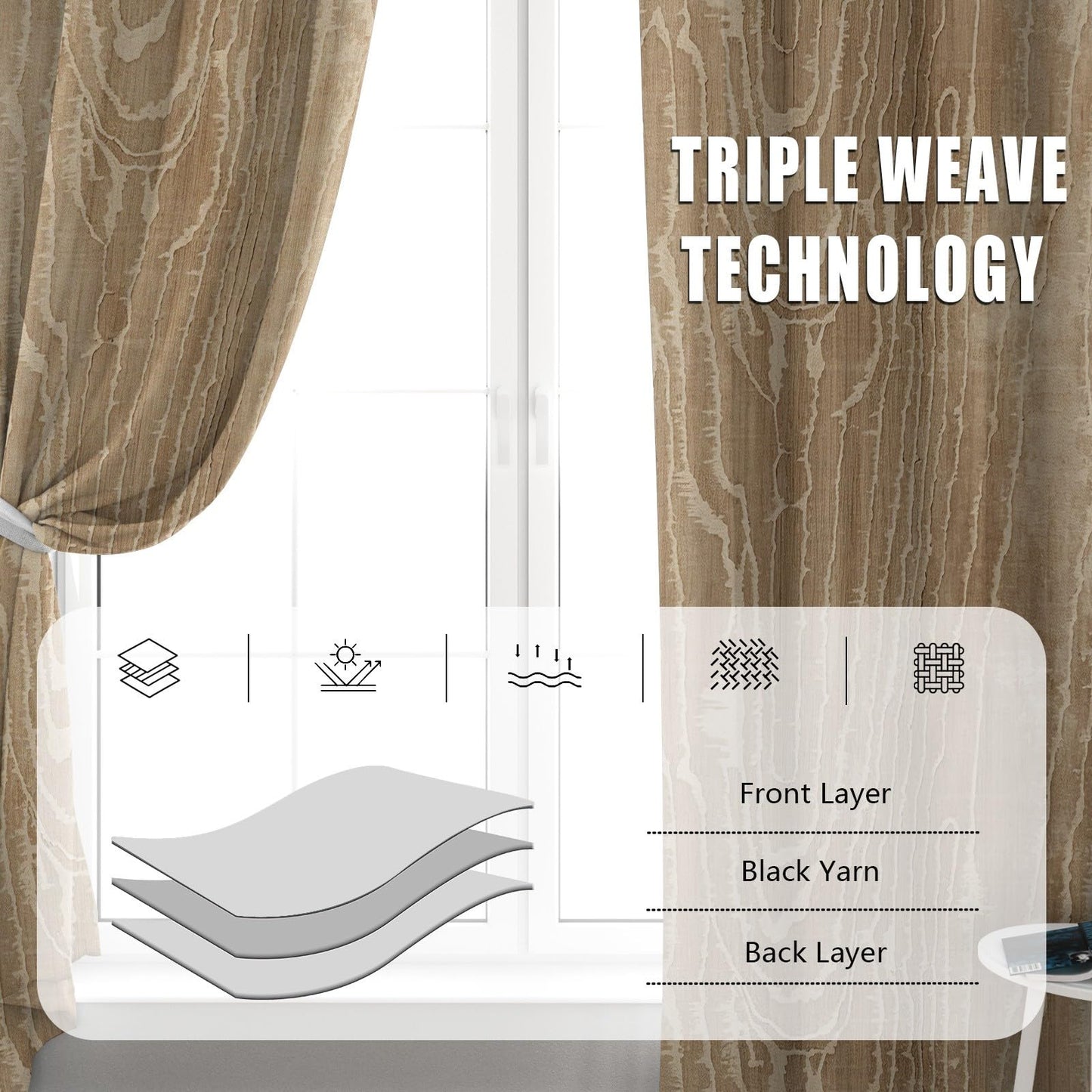Contemporary Curtains, Neutral Distressed Curtains 84 Inch Length, Abstract Wood Grain Blackout Curtain, Modern Brown Drapes for Living Room, Bedroom, Room Darkening Grommet Curtain 2 Panel Set