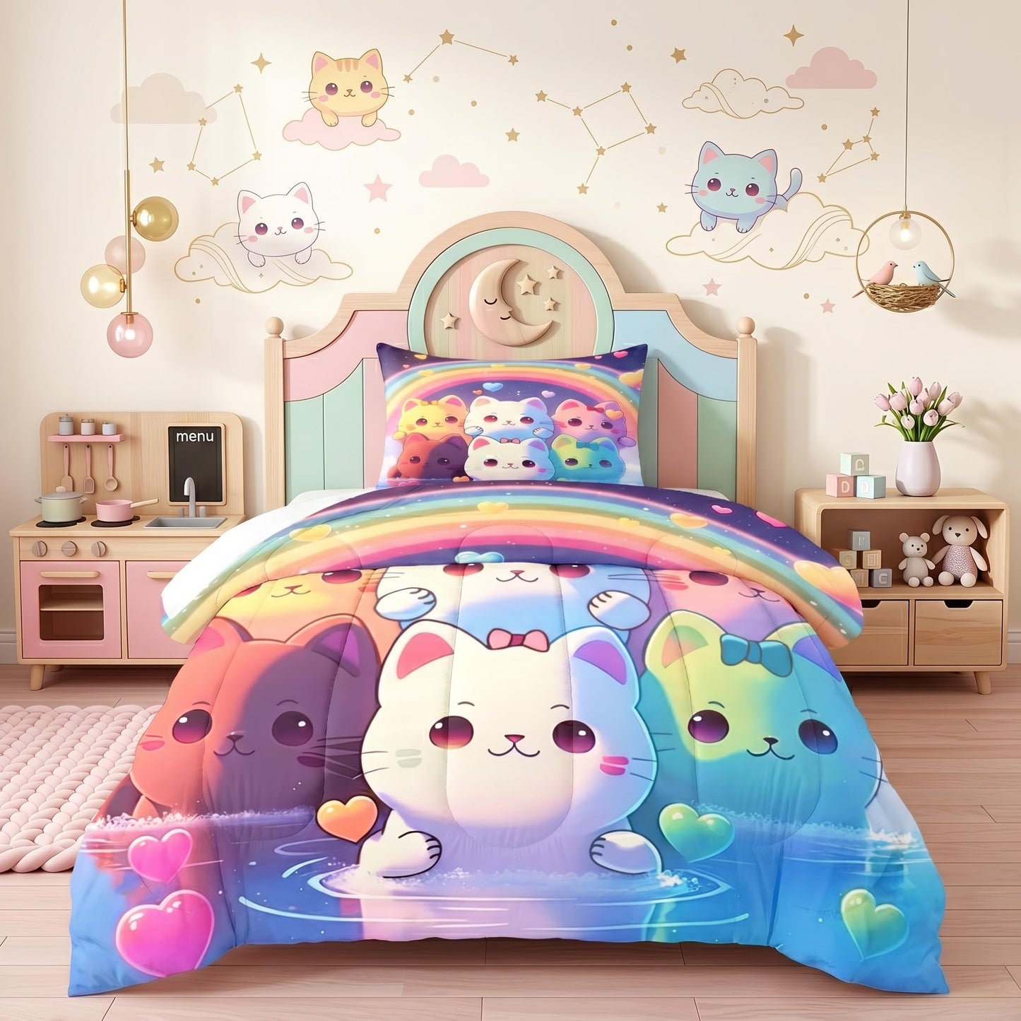 Jiospet Rainbow Cat Comforter Twin Size - Cat Bedding for Girls Room Cute Cartoon Rainbow Bedding Twin Sets for Kids, 1 Comforter+1 Pillowcase