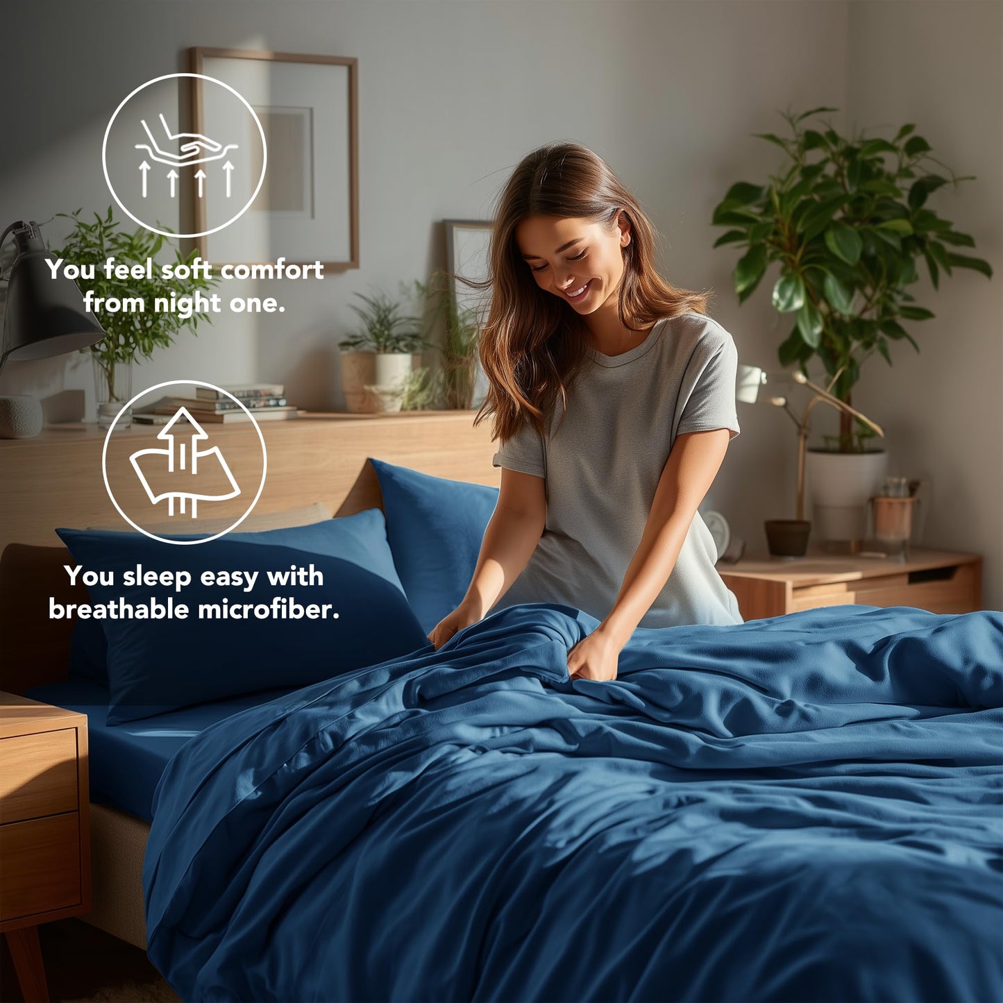 Deconovo Queen Sheet Set 4 Piece - Navy Blue Brushed Microfiber Bed Sheets, 16 Inch Deep Pocket Fitted Sheet, Flat Sheet & 2 Pillowcases, Soft Wrinkle Resistant Bedding