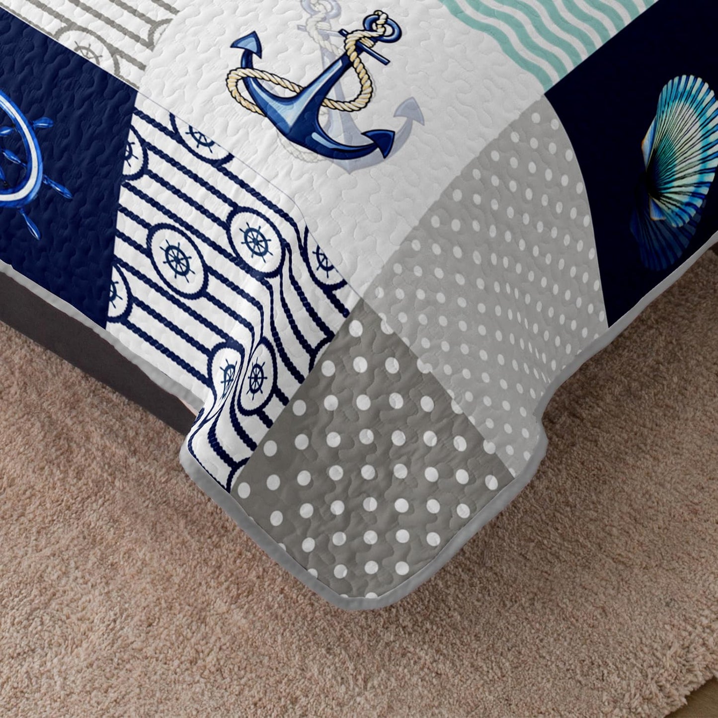 HOSIMA Nautical Quilts Queen Size,Plaid Patchwork Ocean Themed Bedding Sailboat and Anchor Print Coastal Bedding for Bedroom Nautical Decor,Navy Blue with 2 Pillowcases.