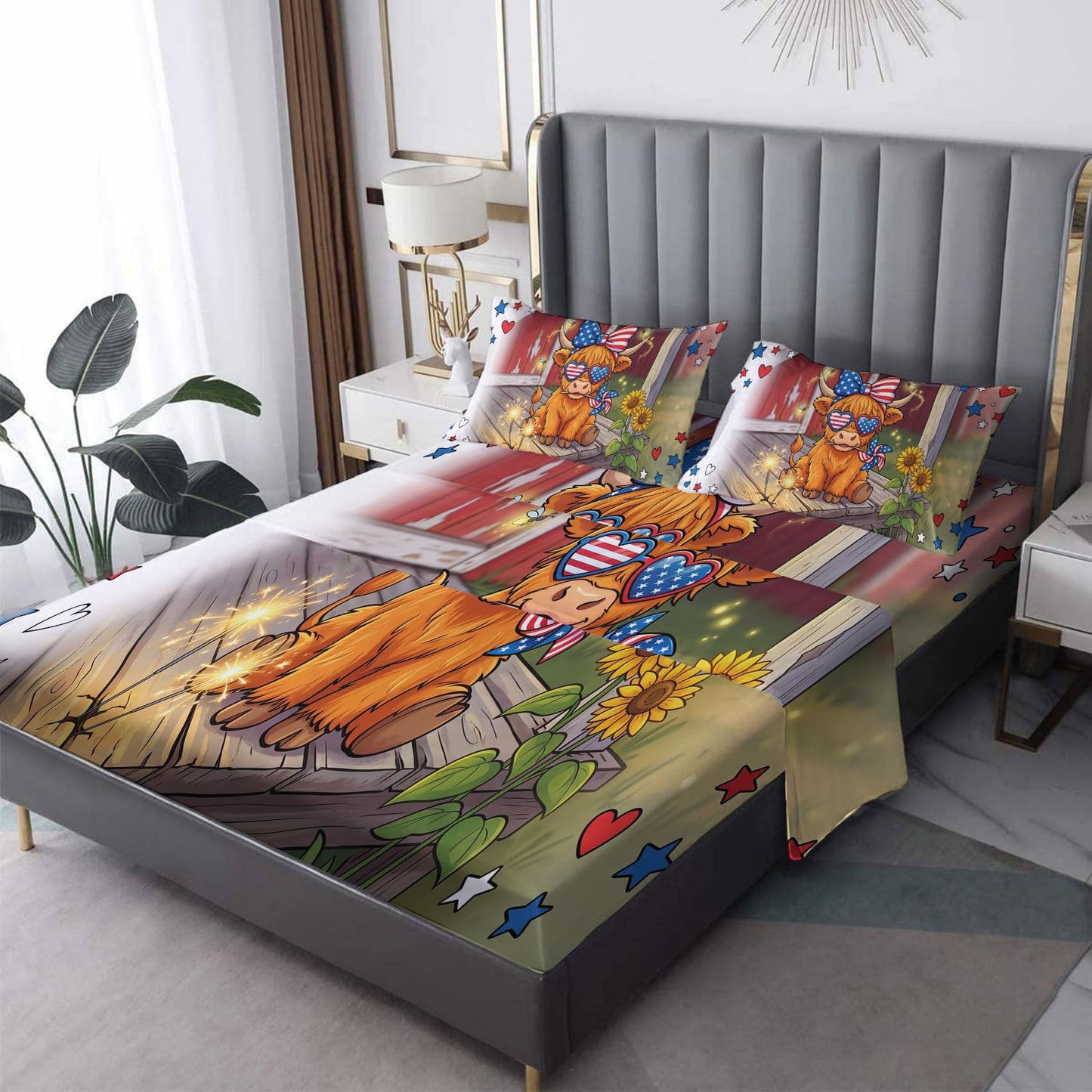 zcsm Funny Highland Cow Sheets King Size Bed Set - 4th of July Bed Sheets, Soft Microfiber & Deep Pocket & Wrinkle Free Sheet & Pillowcase Sets, Patriotic Bedding for Bedroom Decor