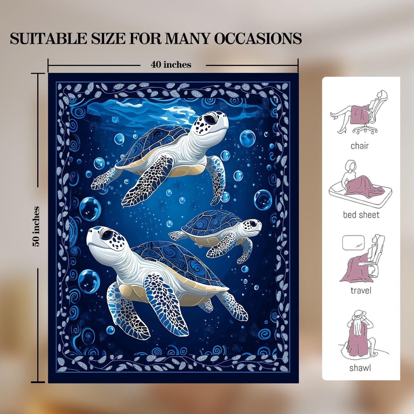 Sea Turtle Blanket Sea Turtle Fleece Throw Blanket Super Soft Fuzzy Plush Cozy Warm Stuffed Bedding Stuffed Blankets Gift for Boys Girls Men Women Kids & Adult 50"X40"