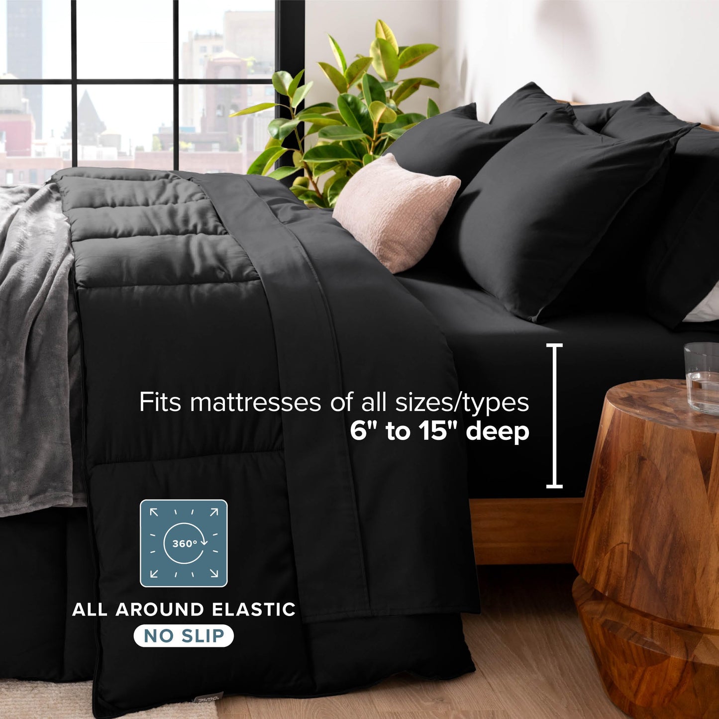 Bare Home Bed-in-A-Bag 5 Piece Comforter & Sheet Set - Twin XL - Goose Down Alternative - Ultra-Soft 1800 Premium Bed Set (Twin XL, Black/Black)