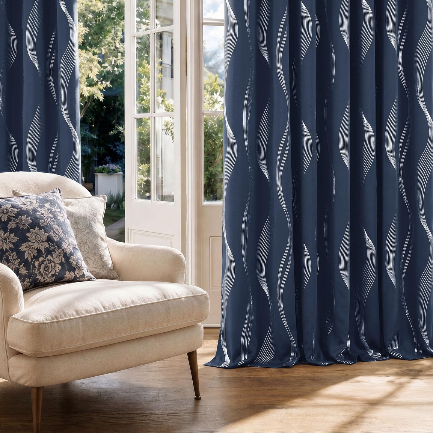 Deconovo Silver Foil Wave Pattern Total Blackout Curtain Panels, Living Room Curtains, White Grommet Top, 2 Panels Set, 52W x 84L, Navy Blue
