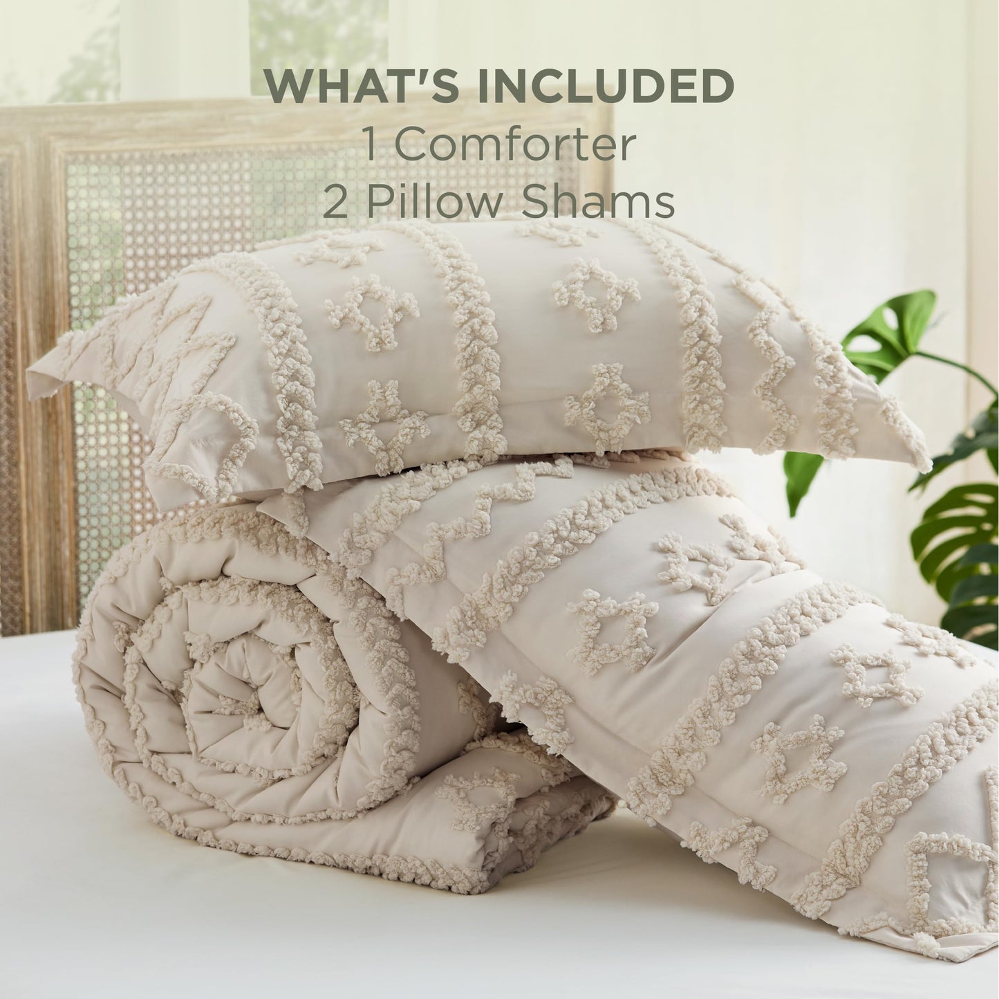 Bedsure Tufted Boho Comforter Set Queen Size - Beige Boho Bed Set, GentleSoft™ 3 Pieces Farmhouse-Style Embroidery Bedding, Gifts for Woman, Soft Jacquard Kids' Queen Comforter for All Seasons