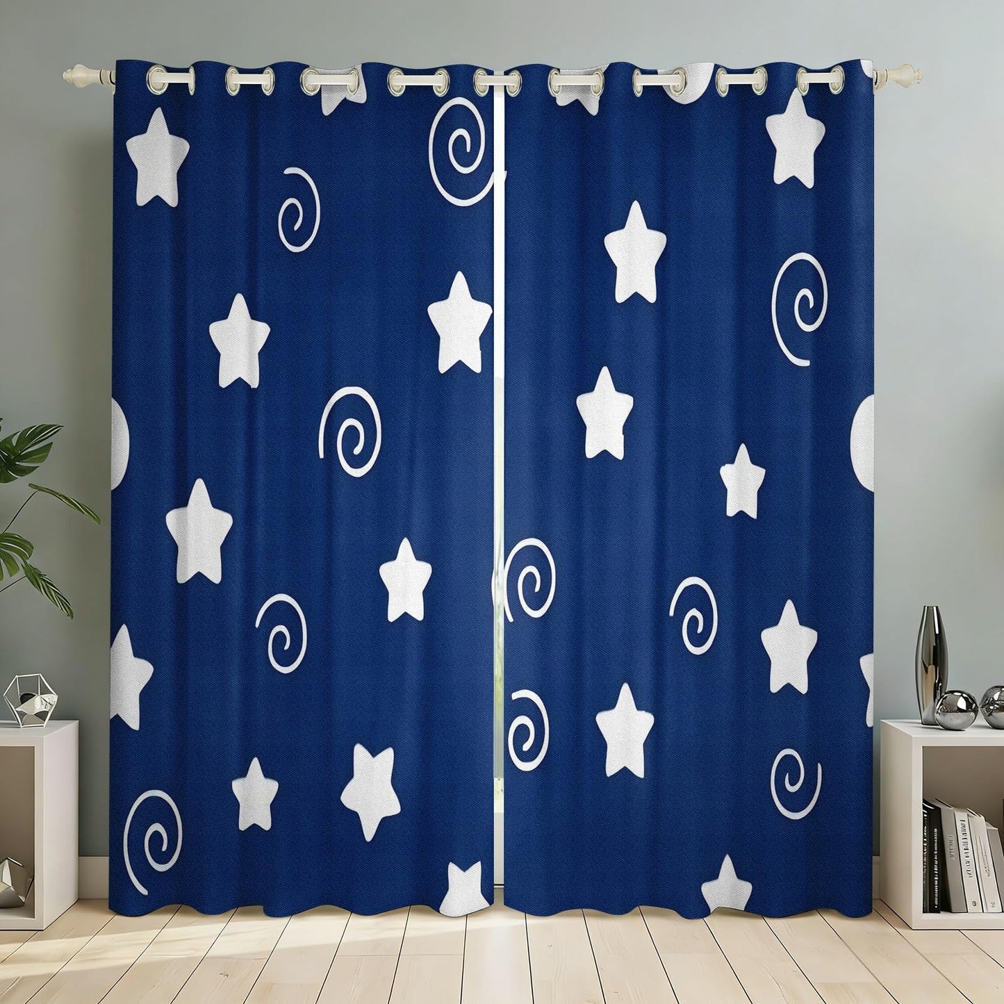 MBVZGUK Navy Blue Starry Sky Grommet Curtains Blackout, 63 Inch Long 2 Panels, Cute White Star Night Swirls Room Darkening Drapes for Nursery, Thermal Insulated Night Sky Curtains for Room Decor