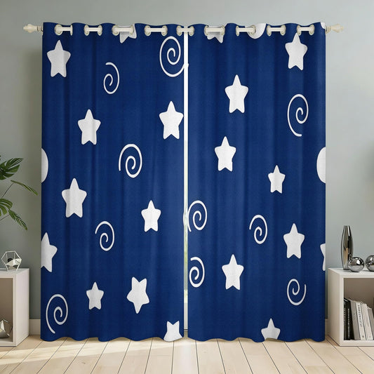 MBVZGUK Navy Blue Starry Sky Grommet Curtains Blackout, 63 Inch Long 2 Panels, Cute White Star Night Swirls Room Darkening Drapes for Nursery, Thermal Insulated Night Sky Curtains for Room Decor