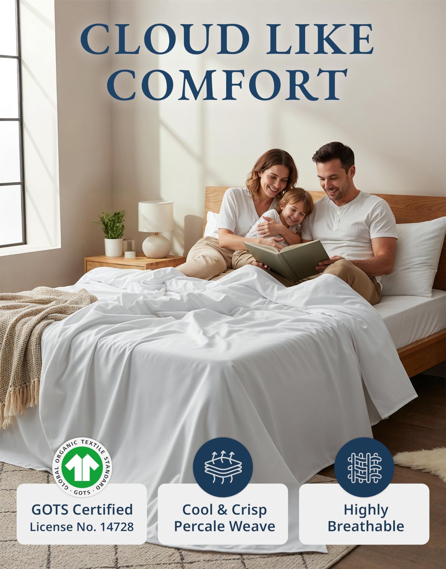 LANE LINEN Queen Sheets 100% Organic Cotton GOTS Certified Percale Weave Deep Pocket 4 Piece Soft Breathable Cooling Lightweight All Season Machine Washable Crisp - White