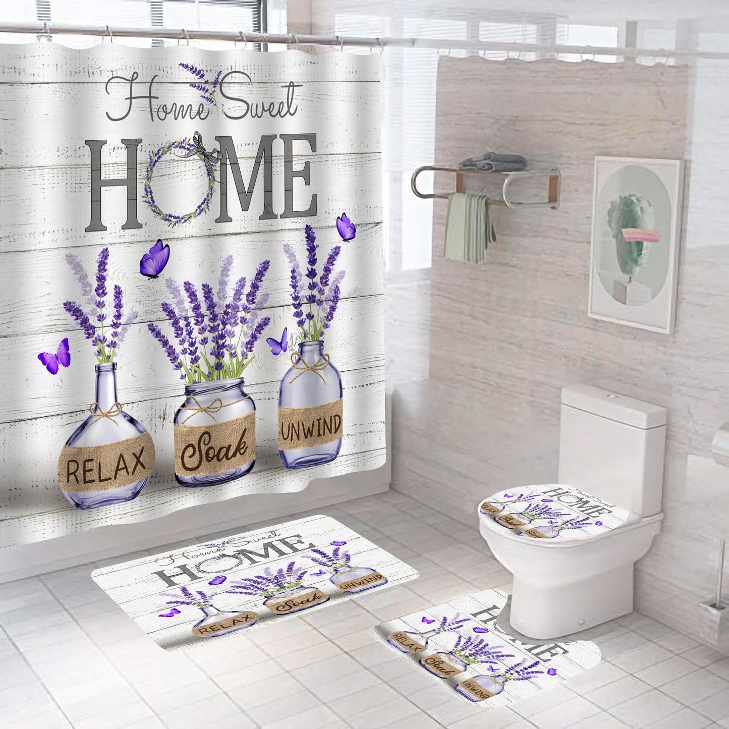 ALEXEX 4 PCS Purple Lavender Shower Curtain Sets,Home Sweet Bathroom Set with Shower Curtain and Rugs and Accessories,Farmhouse Country Shower Curtain Bathroom Decor with 12 Hooks,72 X 72 Inches
