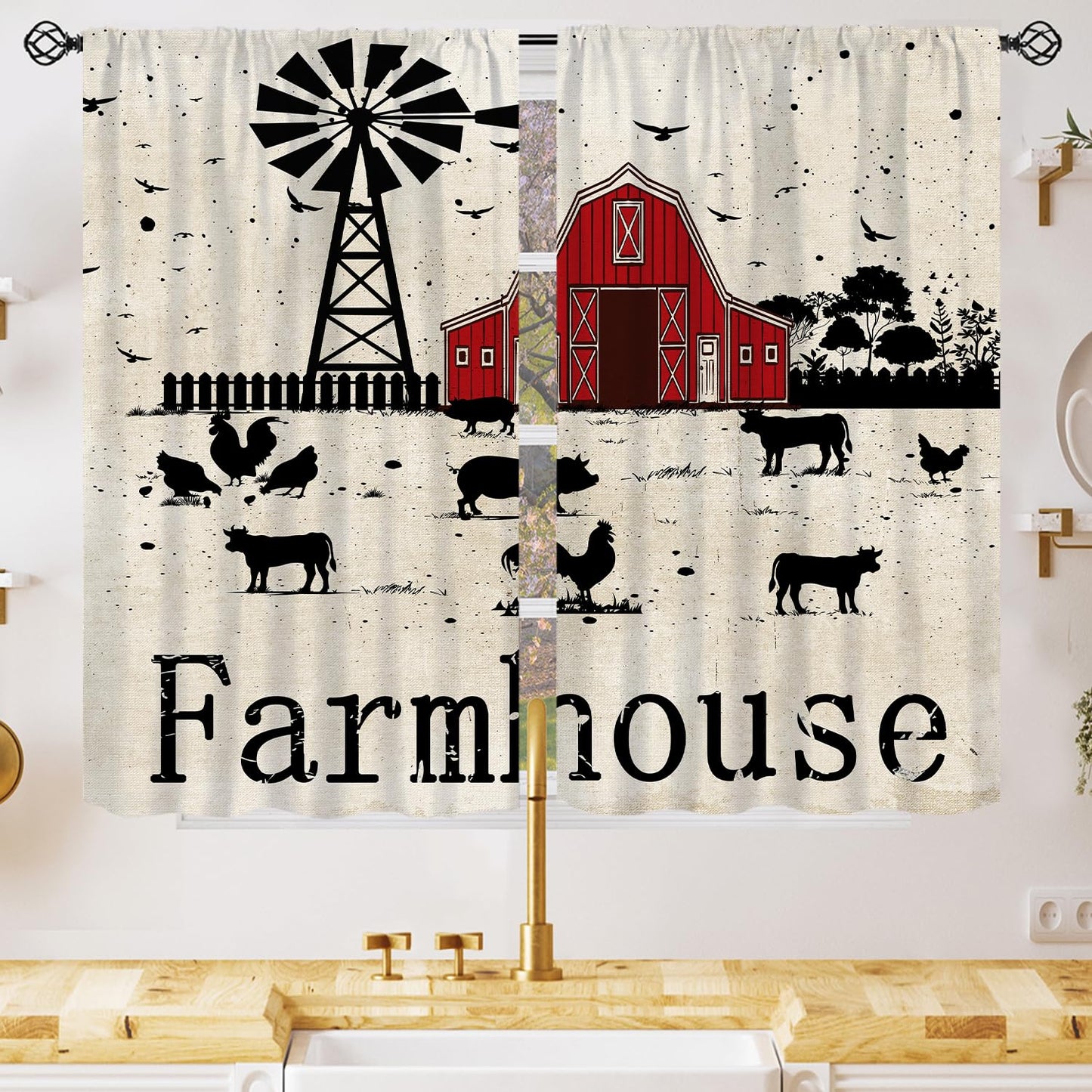 YCness Country Farmhouse Curtains Red House Cow Pig Chicken Window Treatments for Rod Pocket Drapesfor Living Room Bedroom Kitchen 42x45 Inch