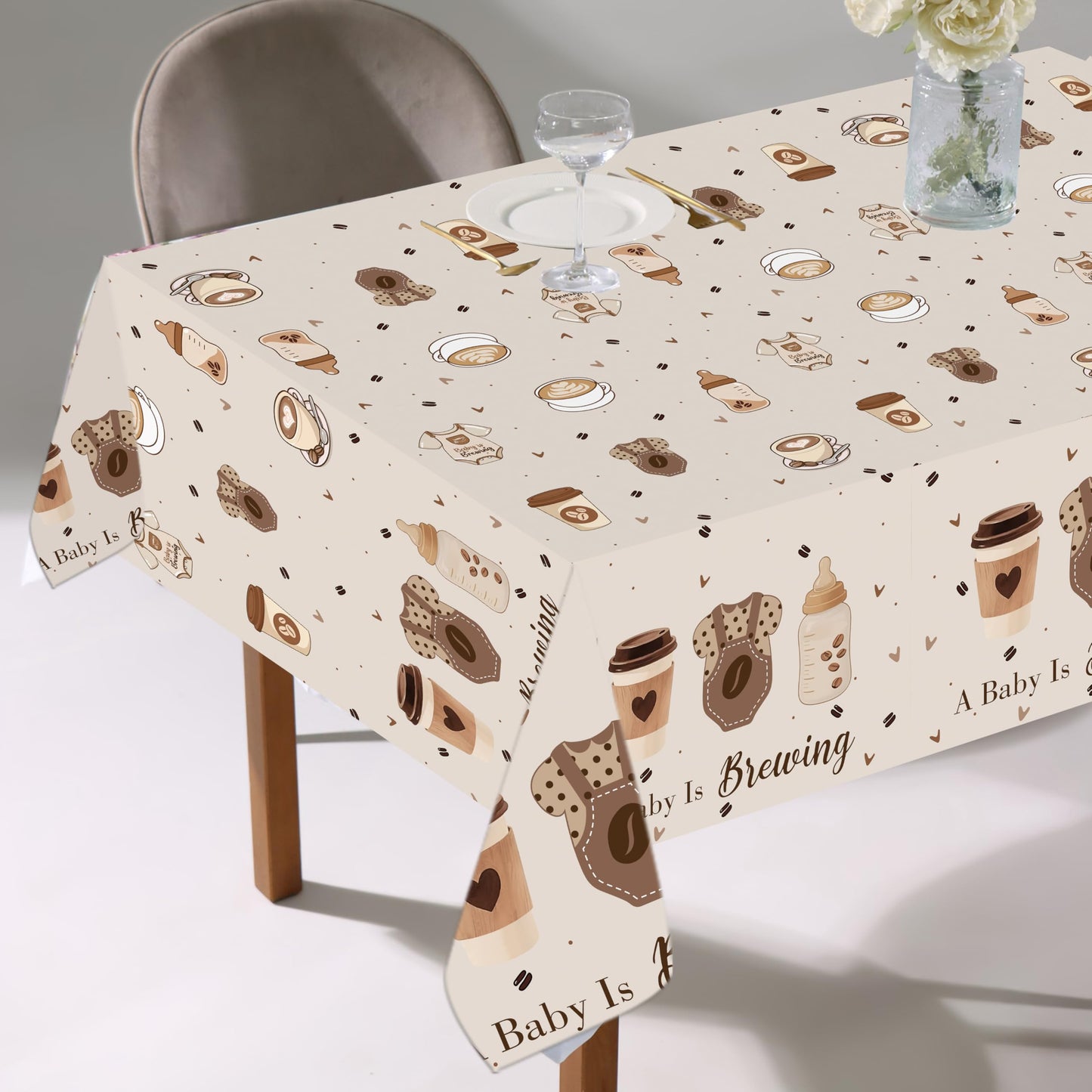 LUCKYQUBE Baby is Brewing Coffee Baby Shower Tablecloth, Neutral Brown Disposable Table Cover for Gender Reveal Party, Coffee Themed Baby Shower Supplies, Baby Bottle Tablecloth for Welcome Baby