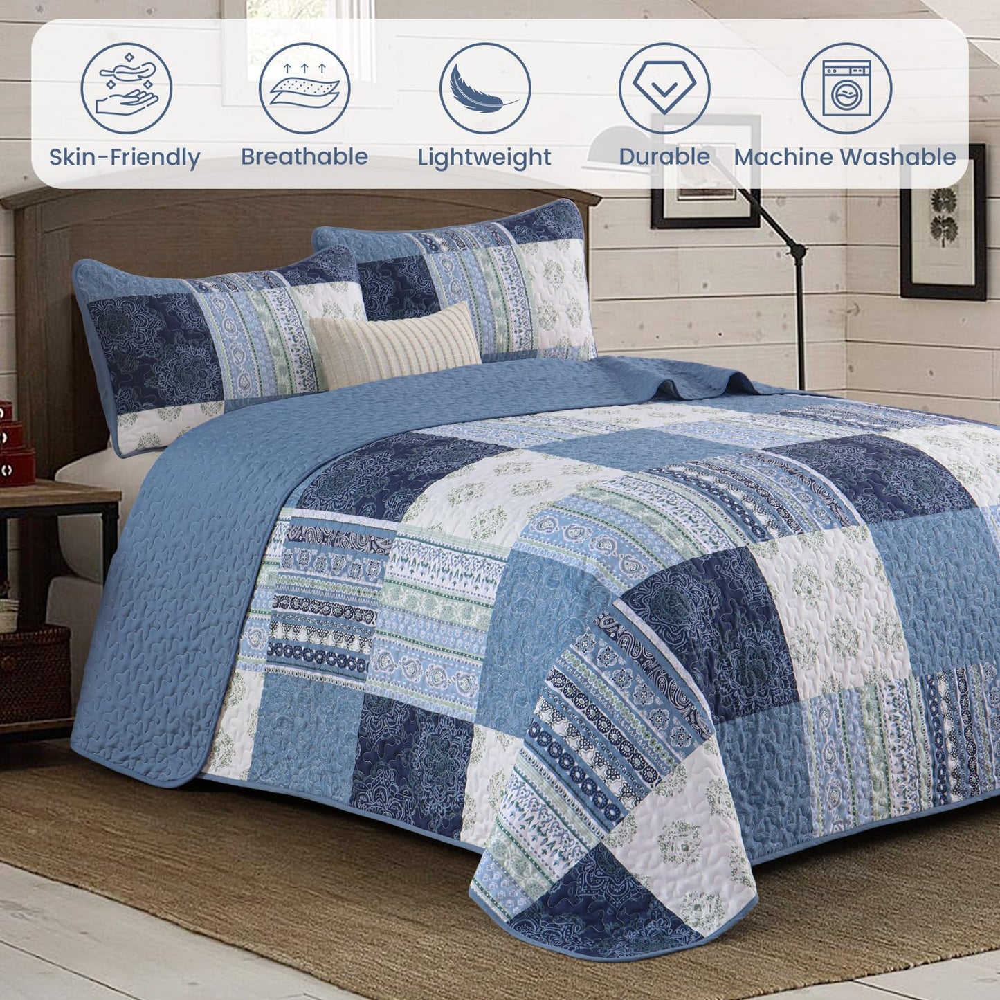 Dintszyayue Blue Patchwork Quilt Set Queen Size,3 Pieces Boho Bedspread Coverlet Set Plaid Bohemian Quilt Bedding Set Reversible Bed Cover Soft Lightweight Coverlet Set (Queen,96"x90")