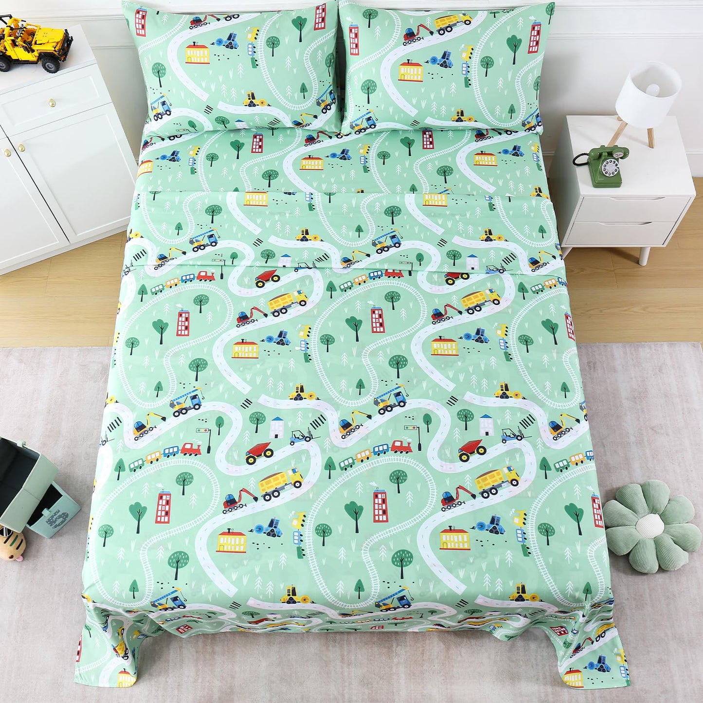 LONAVA Twin Sheet Set Kids - 3 Pieces Soft Microfiber Cartoon Style Bedsheets for Boys Girls Teens, Oeko TEX, Breathable Deep Pocket Sheets (Engineering Car)