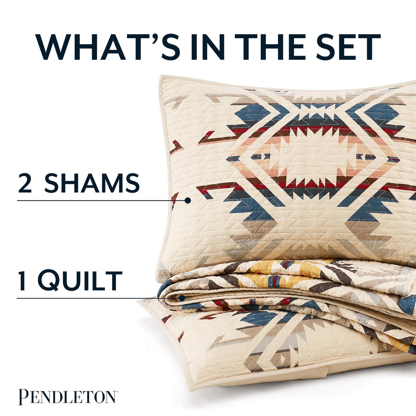 Pendleton White Sands Queen Quilt Bedding Set with 2 Pillow Shams, Luxury Cotton Quilt, Lightweight Quilted Bedspread or Coverlet, Western Bedding, Machine Washable, Full/Queen, Beige Diamond Print