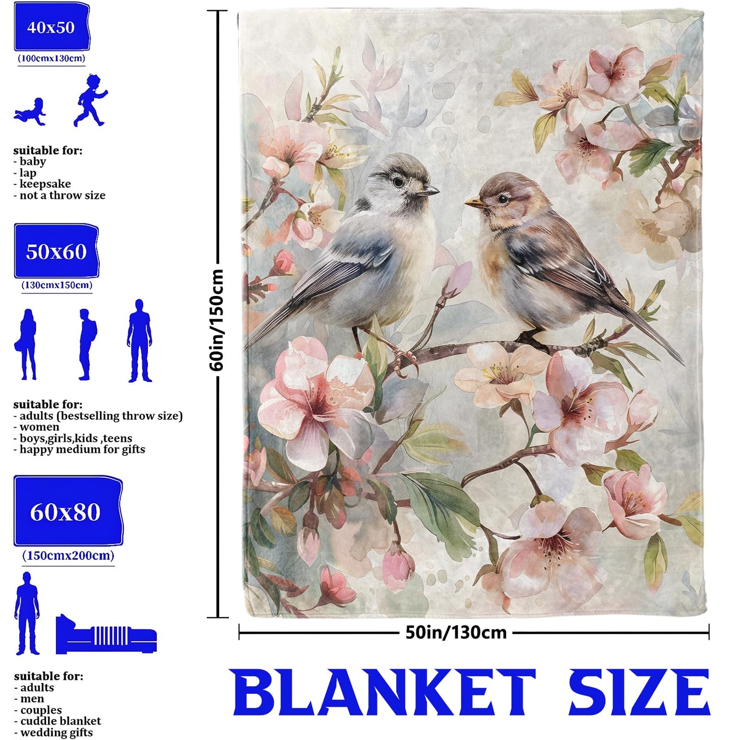 Spring Bluebird Blossom Throw Blanket for Boys Girls Kids Women, Pink Flower Design, Fuzzy Warm Soft Cozy Flannel Blankets Gifts for Bedroom, Couch, Travel, Home Decor 50x60 in
