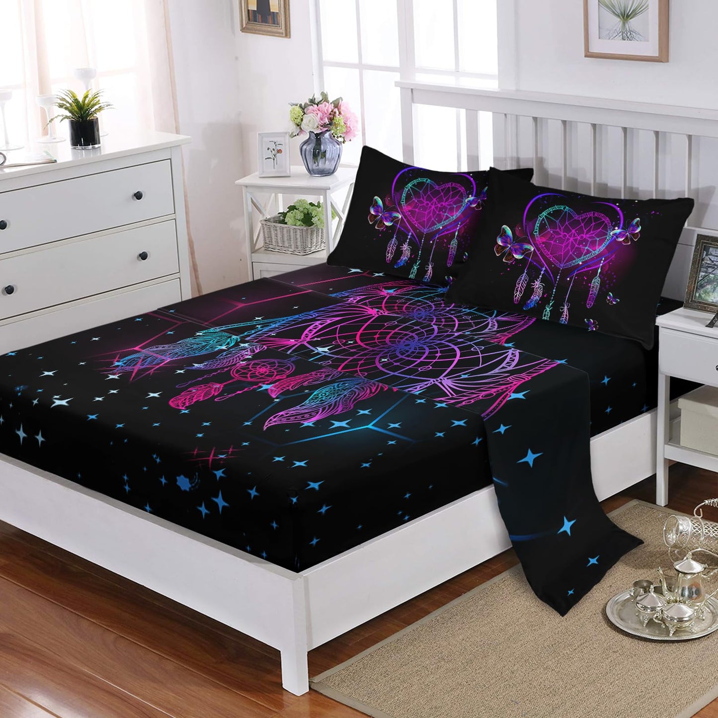AILONEN Neon Love Comforter Set Twin Size,7-Piece Soft Bed in a Bag,Black Purple Dreamcatcher Comforter & Fitted Sheet & Flat Sheet & 2 Pillowcases,2 Pillow Shams for Bedroom