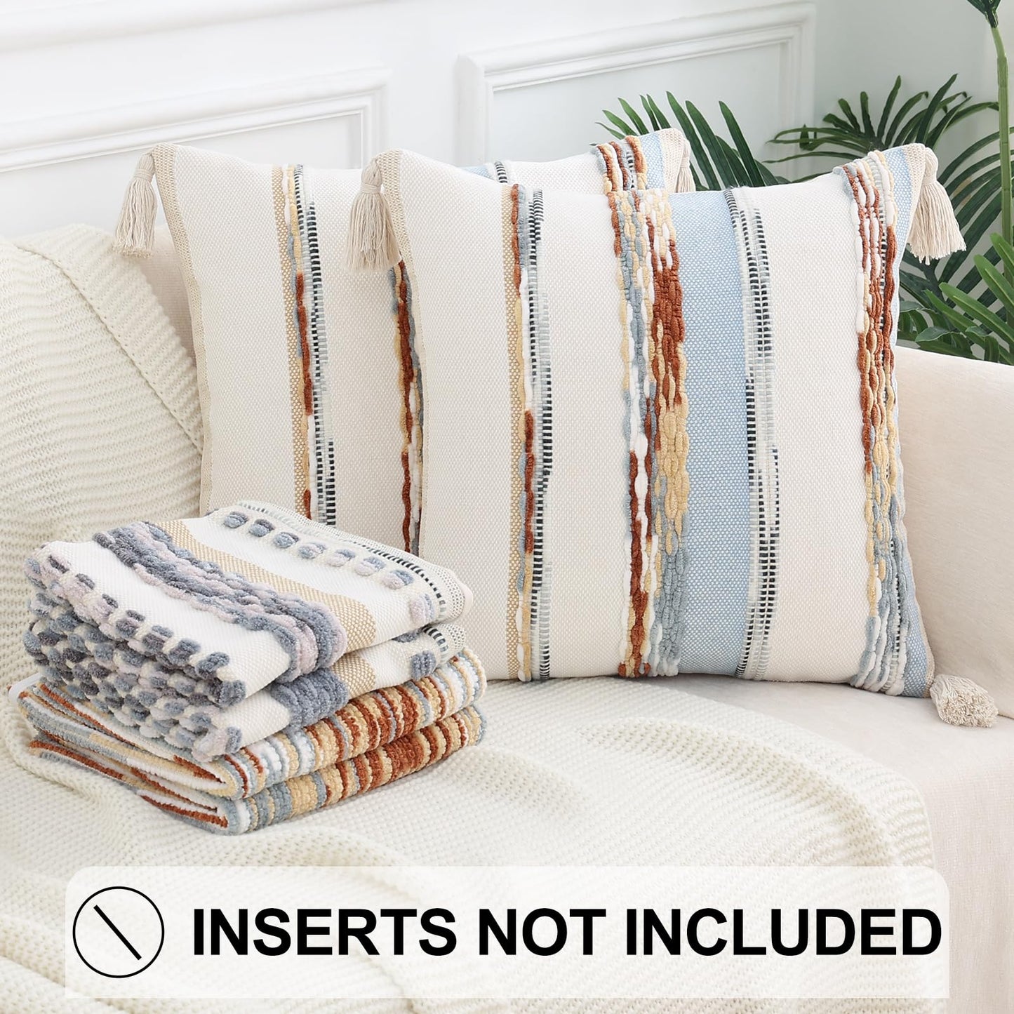 Simmore Boho Decorative Throw Pillow Covers 18x18 Set of 2, Tufted Farmhouse Pillow Covers with Tassels for Cozy Bohemian Couch Sofa Bedroom Home Decor, Blue
