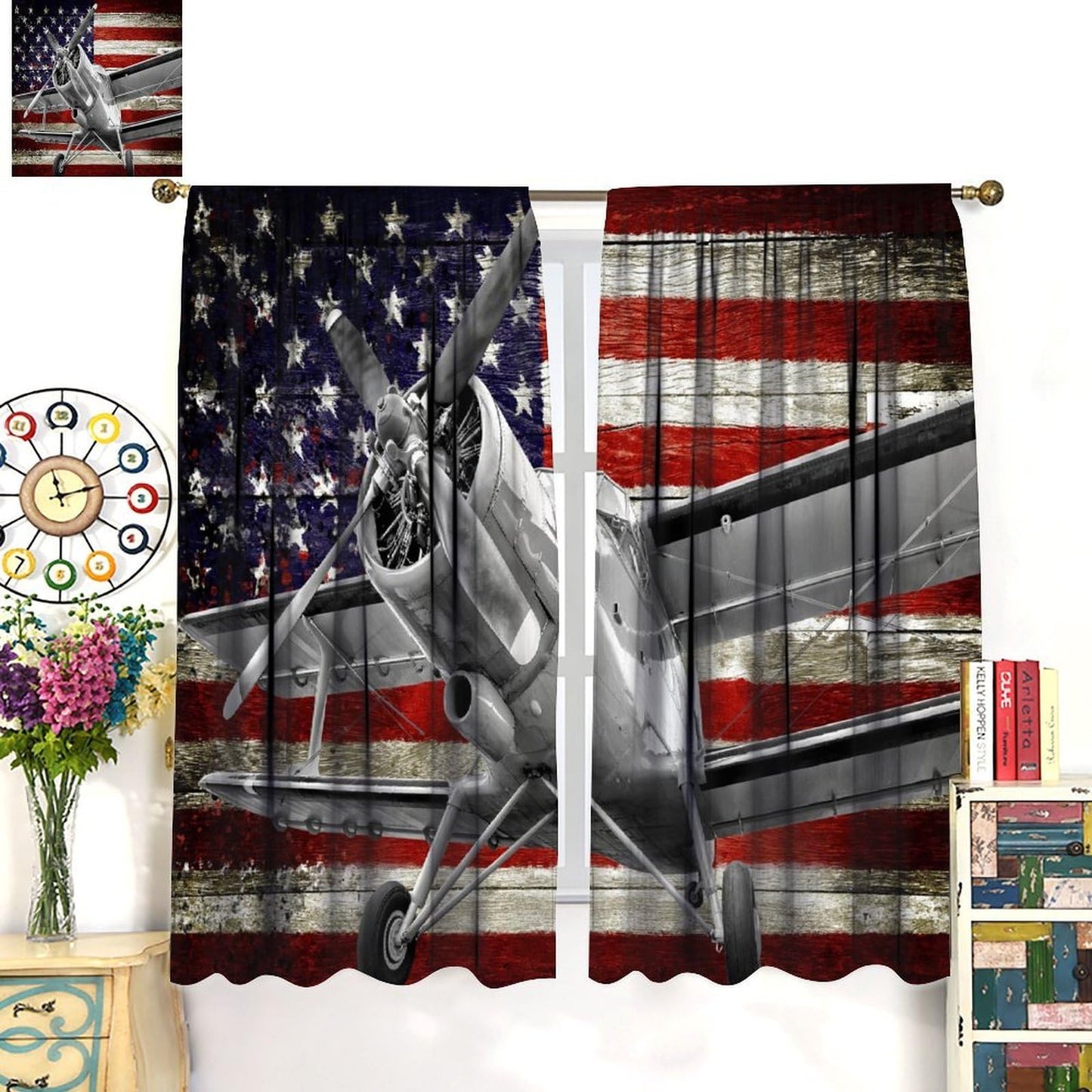 AAVEUP Airplane Curtains Retro Rustic American Flag Old Military Combat Aircraft Windows Treatments Rod Pocket Drapes for Kids Boys Teenager Living Room Bedroom Kitchen 42x45in