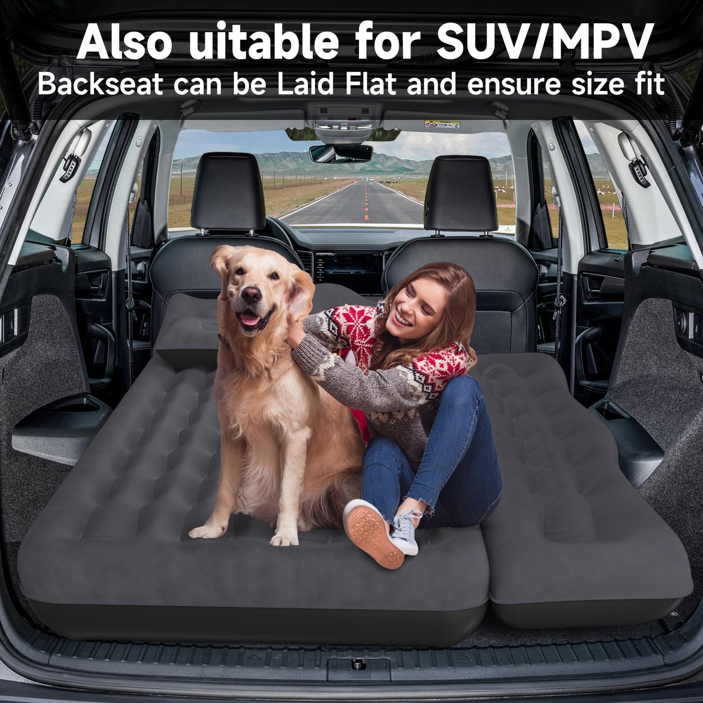 DikaSun Back Seat Car Air Mattress: Inflatable SUV Car Camping Bed for Truck Van, Thickened Double-Sided Flocking Travel Car Sleeping Pad with Air Pump 2 Pillows