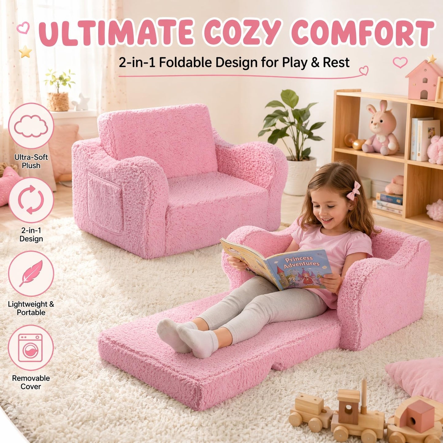 MOMCAYWEX Kids Sofa, 2-in-1 Flip-Out Foam Couch with Soft Sherpa Cover, Cozy Play Lounge Chair, Pink