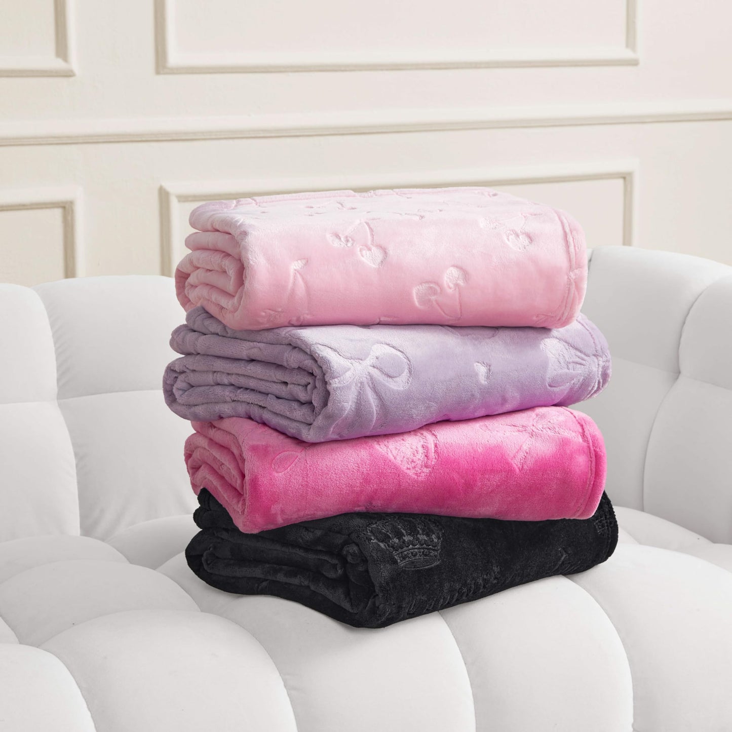 Juicy Couture Embossed Plush 60"x70" Oversized Throw Blanket, Berry Bow Hot Pink