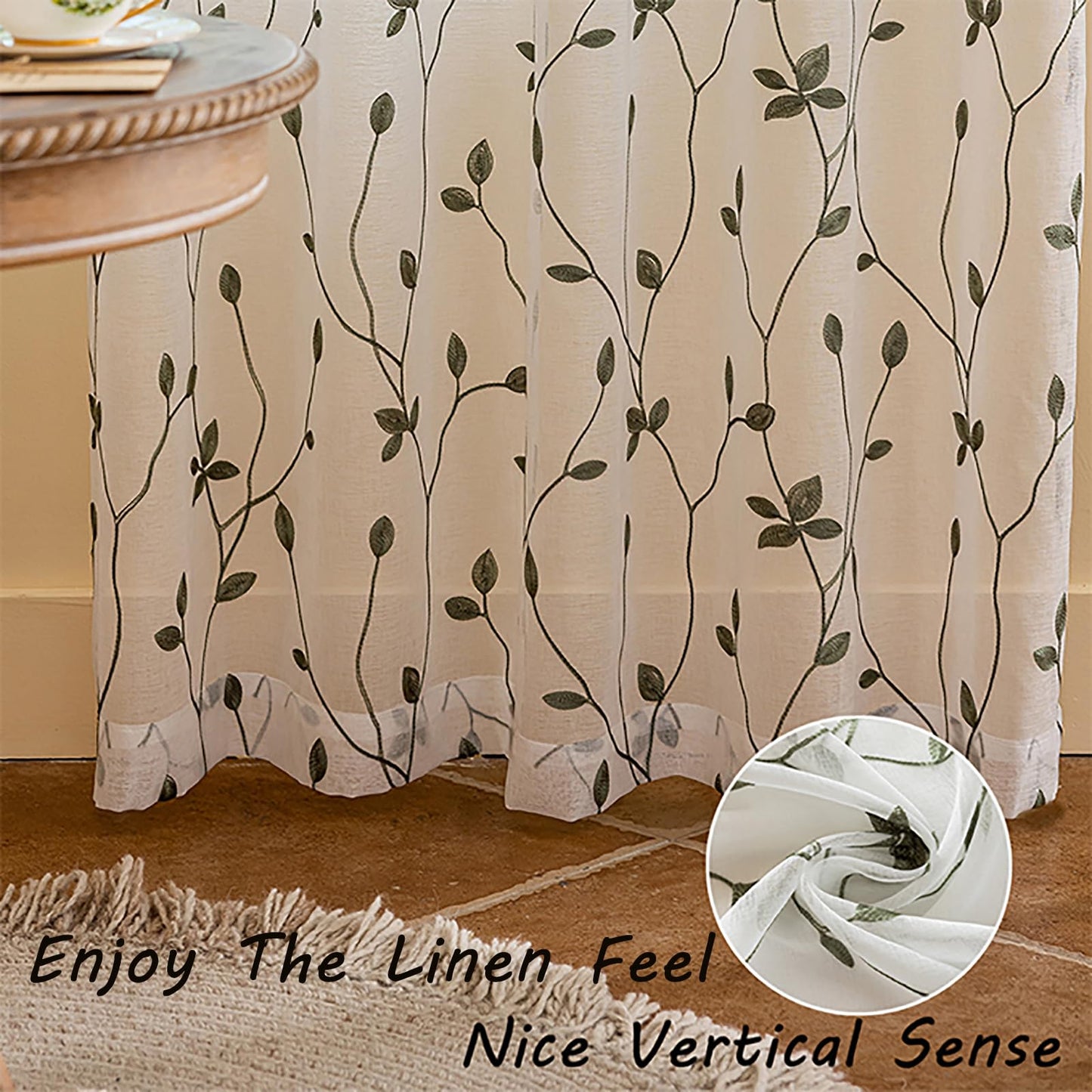 AmHoo 2 Panels Embroidered Leaf Pattern Semi Sheer Curtains Foliage Floral Voile Window Draperies Treatment for Bedroom Living Room Rod Pocket White Sage Green 53 x 95 Inch