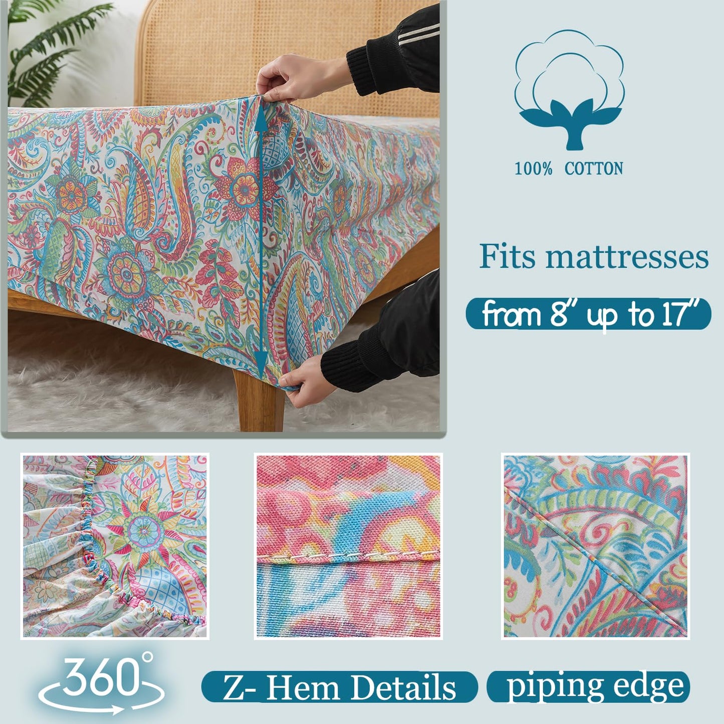Zusbest Queen Size Bed Sheet Set 100% Cotton Pink Green Paisley Floral Sheets Watercolor Bedding Luxury Soft Breathable Crispy Cooling Percale Sheets 17.5 Inches Deep Pocket Sheets Queen, 4 Pieces