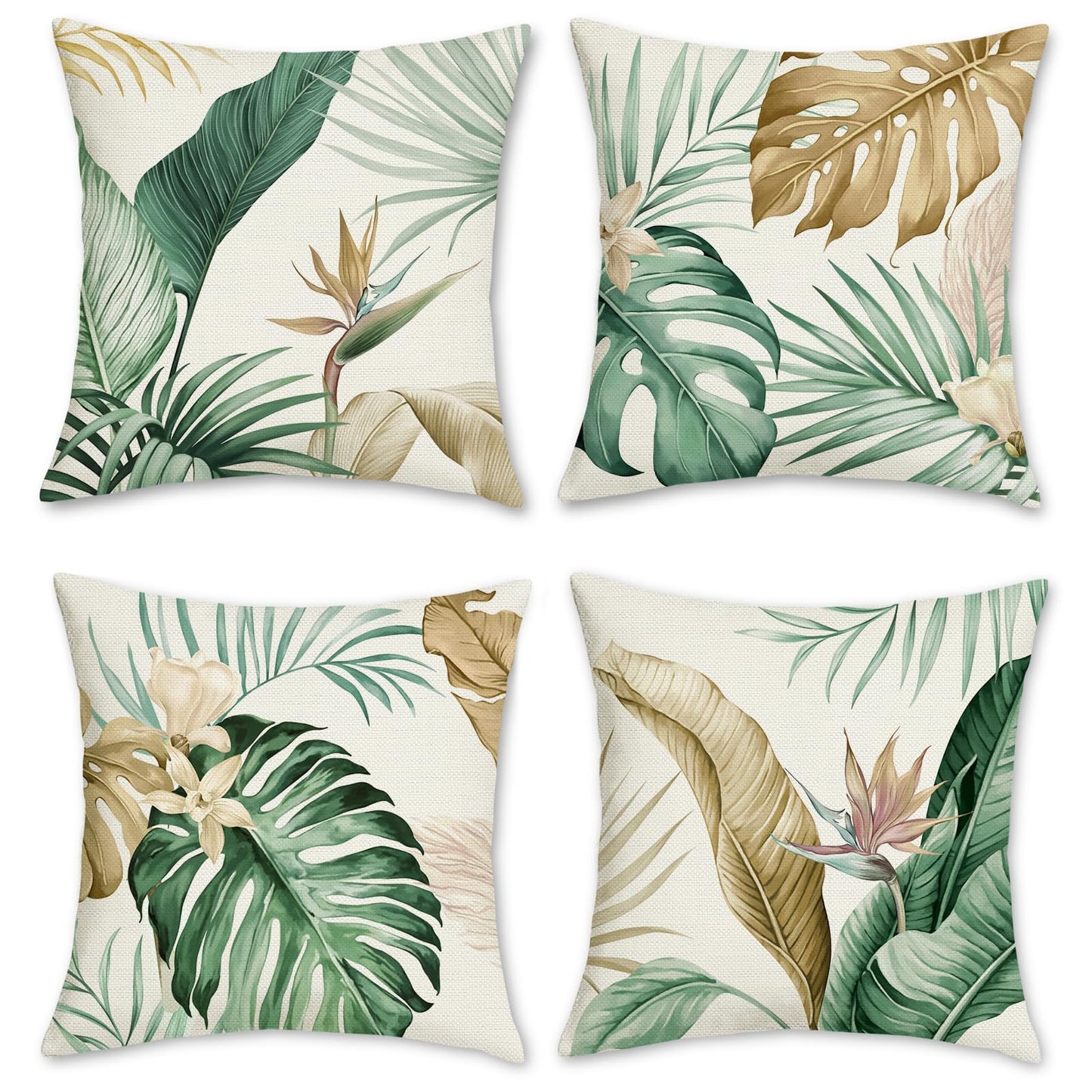 Bonhause Tropical Leaves Throw Pillow Covers 18 x 18 Inch Green Brown Leaf Decorative Pillow Cases Polyester Linen Outdoor Cushion Covers for Sofa Bed Home Decor Set of 4