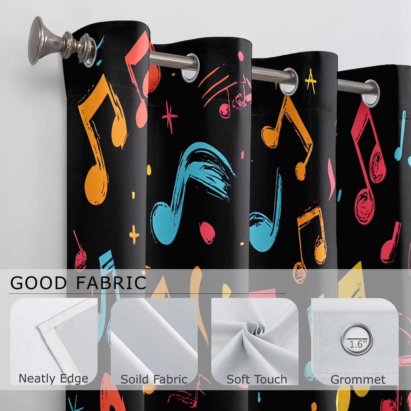 Music Curtains Blackout, Colorful Musical Note Patterned Curtains 63 Inch Length 2 Panels Set, Room Darkening Thermal Insulated Grommet Drapes for Bedroom Living Room