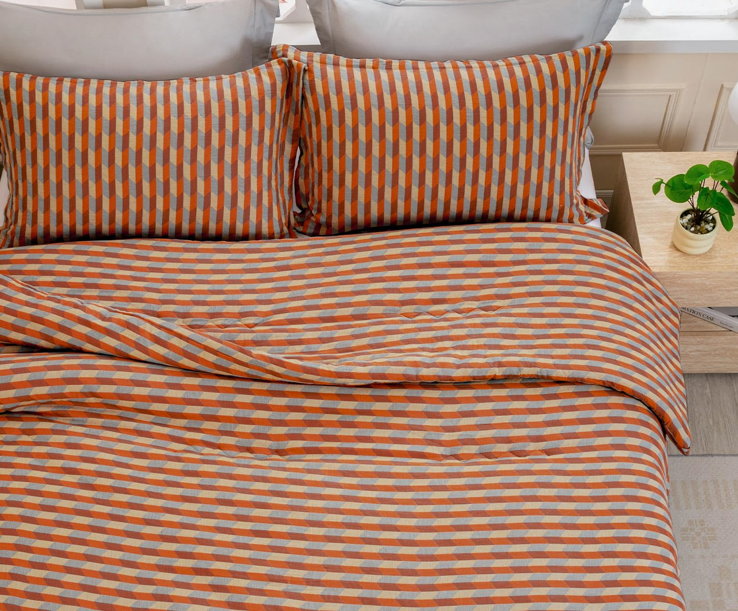 SLEEPBELLA Washed Double Layer Muslin 100% Cotton Comforter Set Queen Size, Orange & Blue Diamond Boho Pattern Fluffy Thick Checked Bedding Set, Soft Breathable (1 Comforter, 2 Pillow Shams)