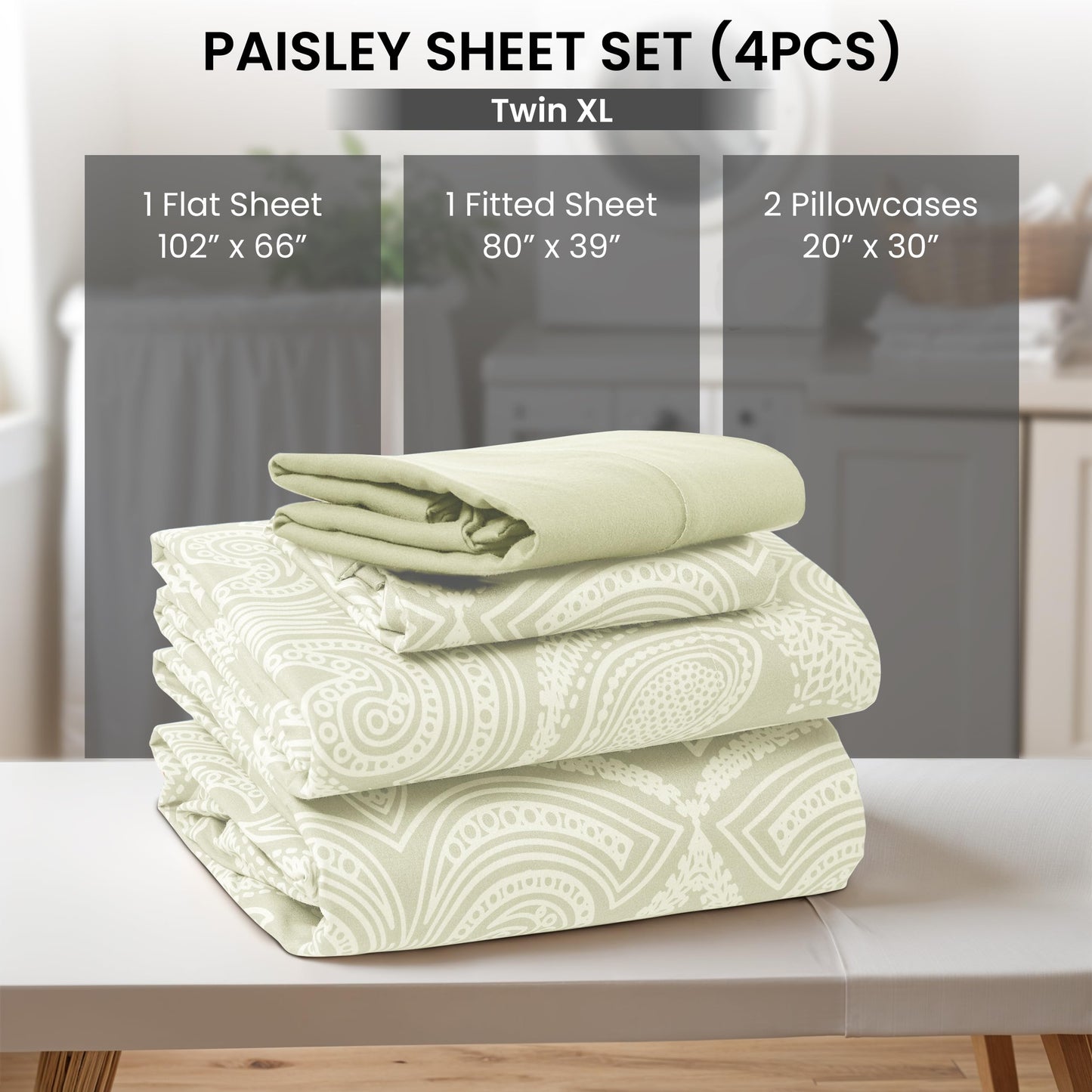 Ultra Soft Wrinkle-Free Microfiber Paisley Twin XL Sheet Set, Cute Floral Pattern Boho Print – 16" Deep Pocket Fitted Sheet, Flat Sheet & 2 Pillowcases, Breathable, OEKO-TEX - Ivory